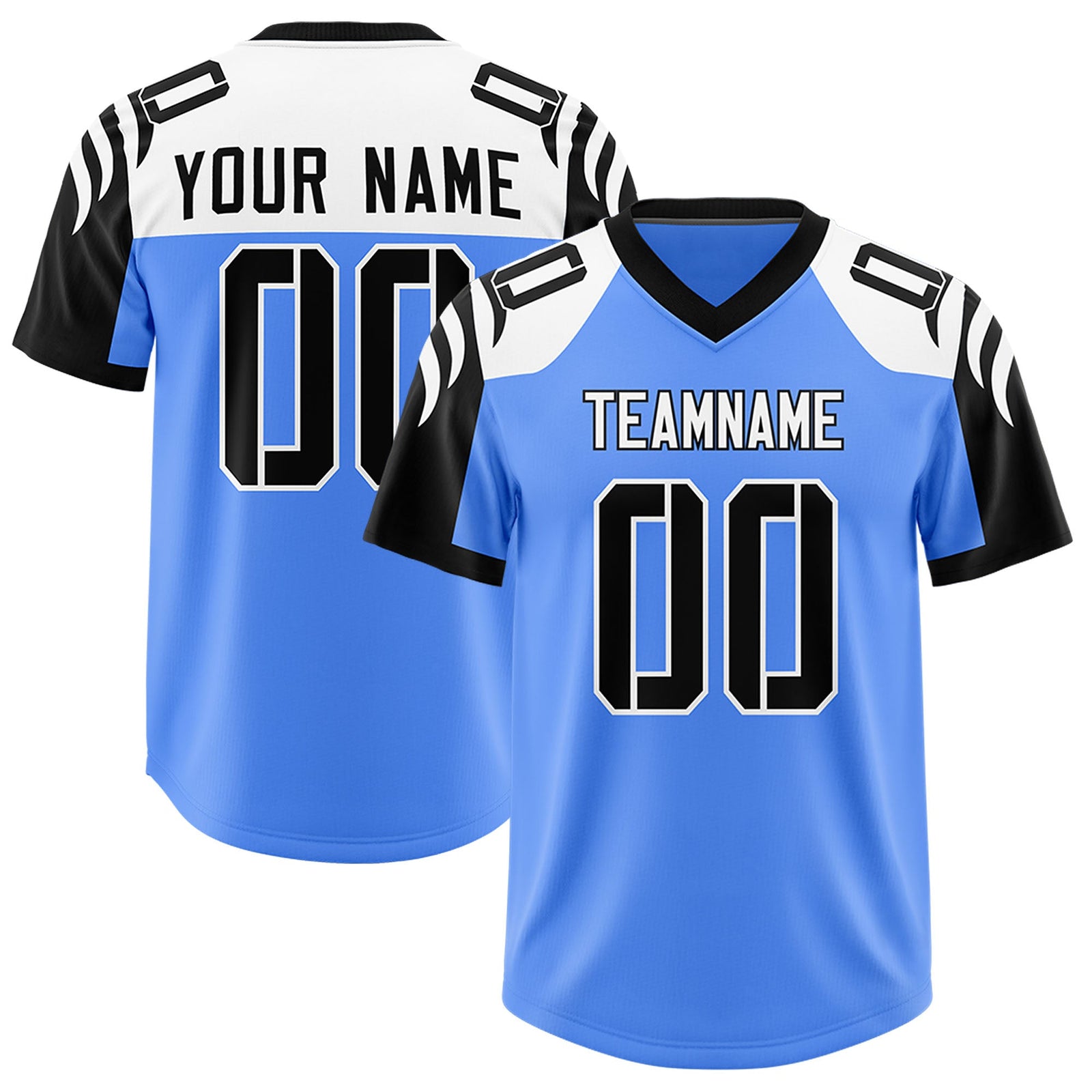 Custom Powder Blue Black Raglan Sleeves Personalized Pattern Authentic Football Jersey