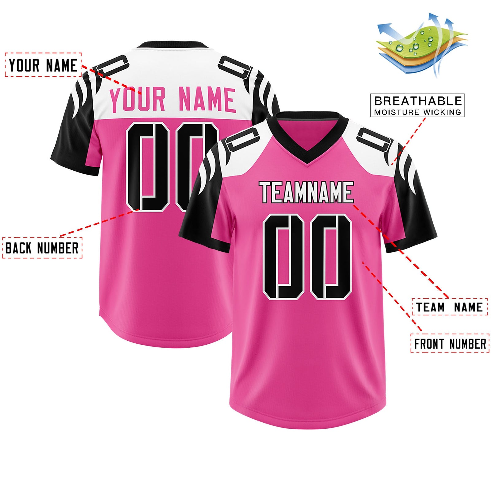 Custom Pink Black Raglan Sleeves Personalized Pattern Authentic Football Jersey