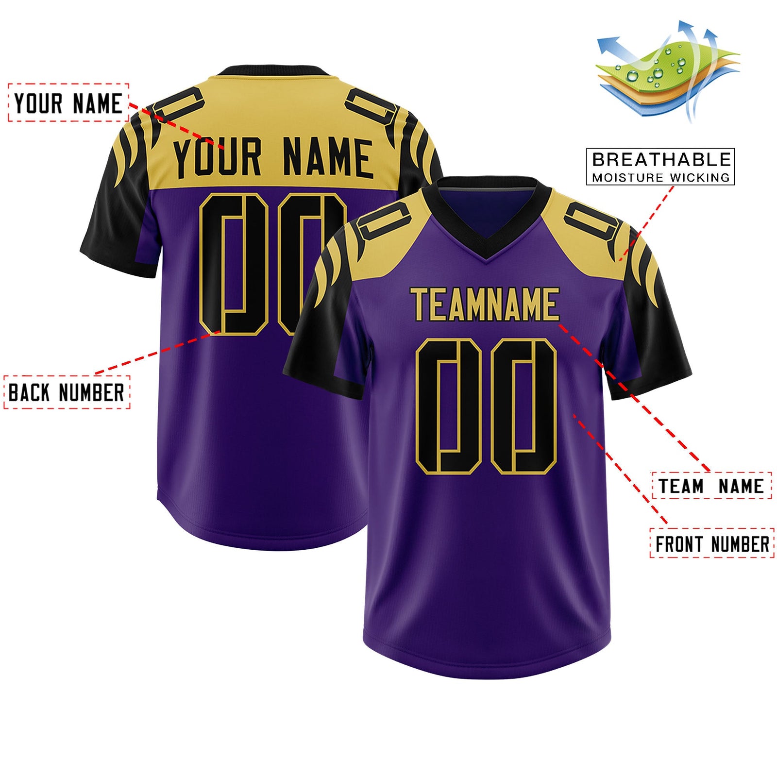 Custom Purple Black Raglan Sleeves Personalized Pattern Authentic Football Jersey