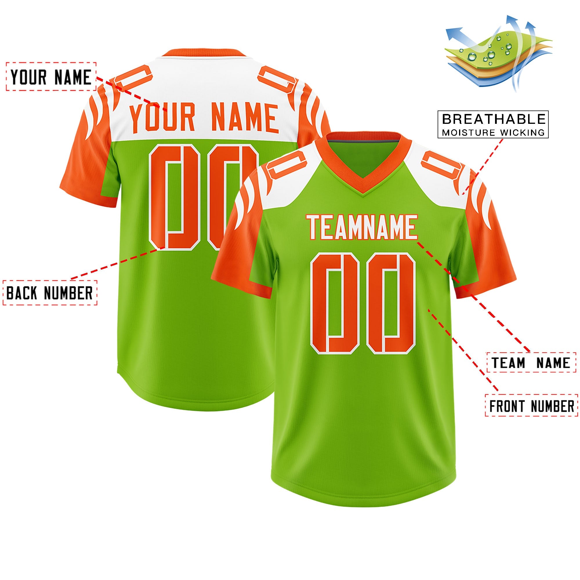 Custom Neon Green Orange Raglan Sleeves Personalized Pattern Authentic Football Jersey