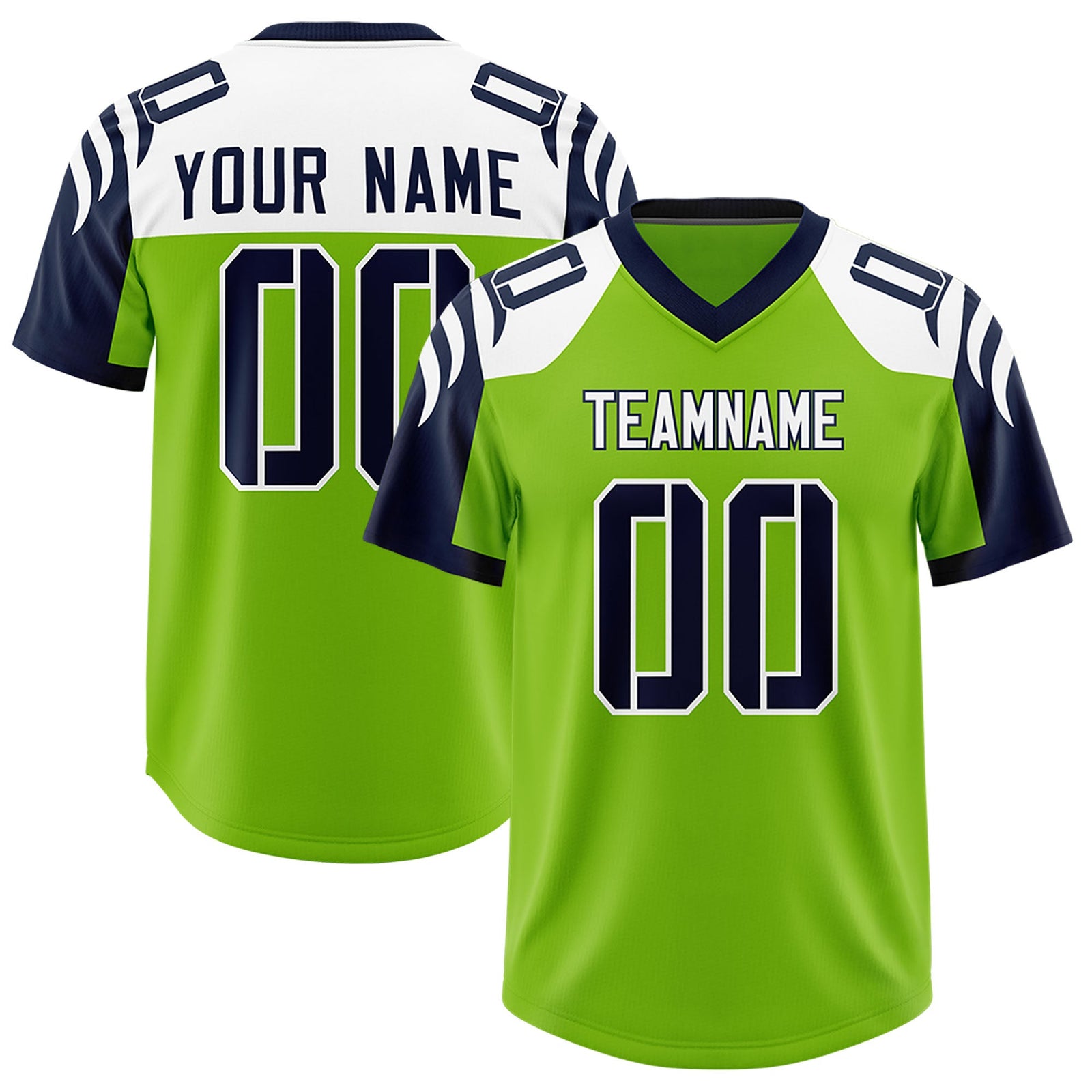 Custom Neon Green Navy Raglan Sleeves Personalized Pattern Authentic Football Jersey
