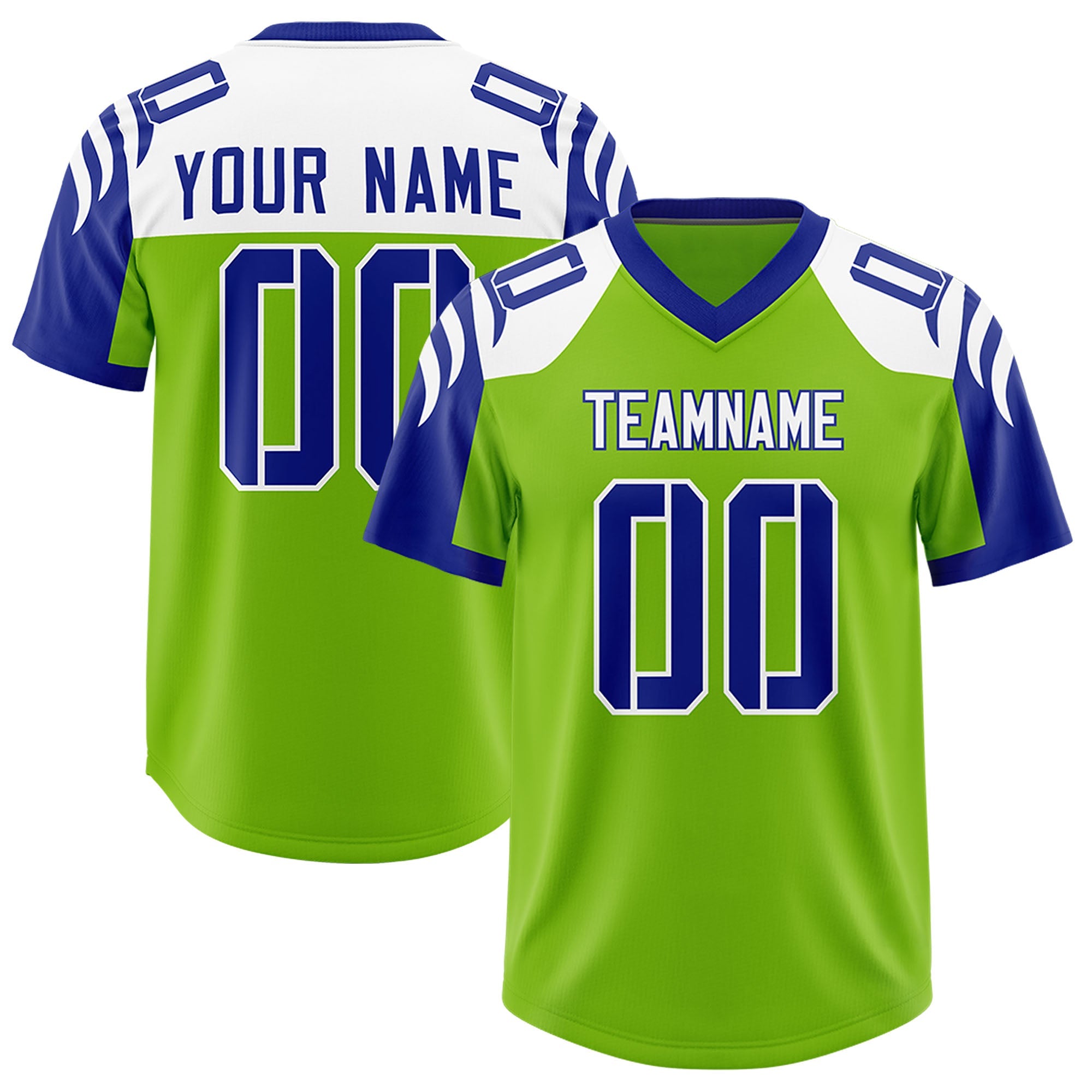 Custom Neon Green Royal Raglan Sleeves Personalized Pattern Authentic Football Jersey