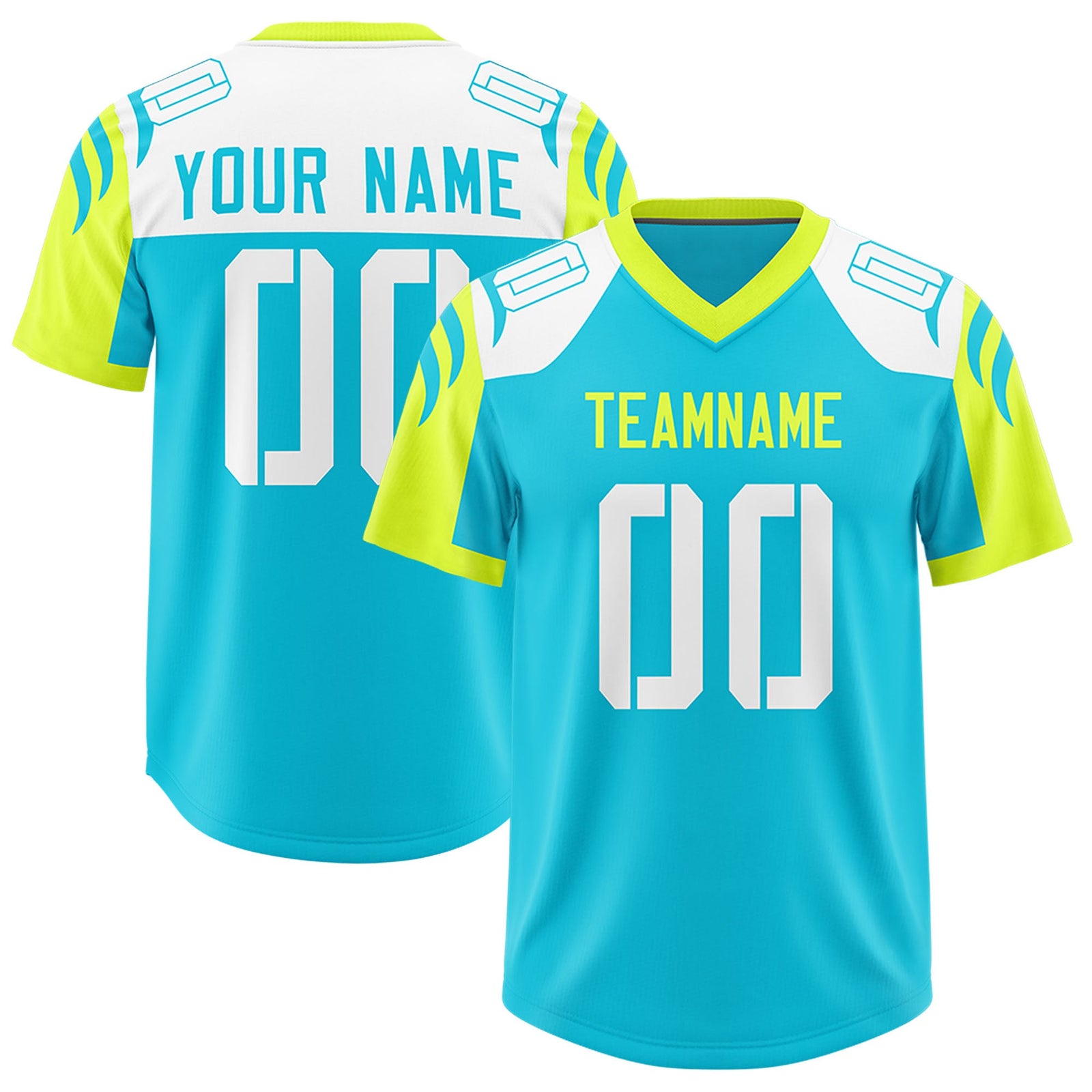 Custom Sky Blue Fluorescent Green Raglan Sleeves Personalized Pattern Authentic Football Jersey