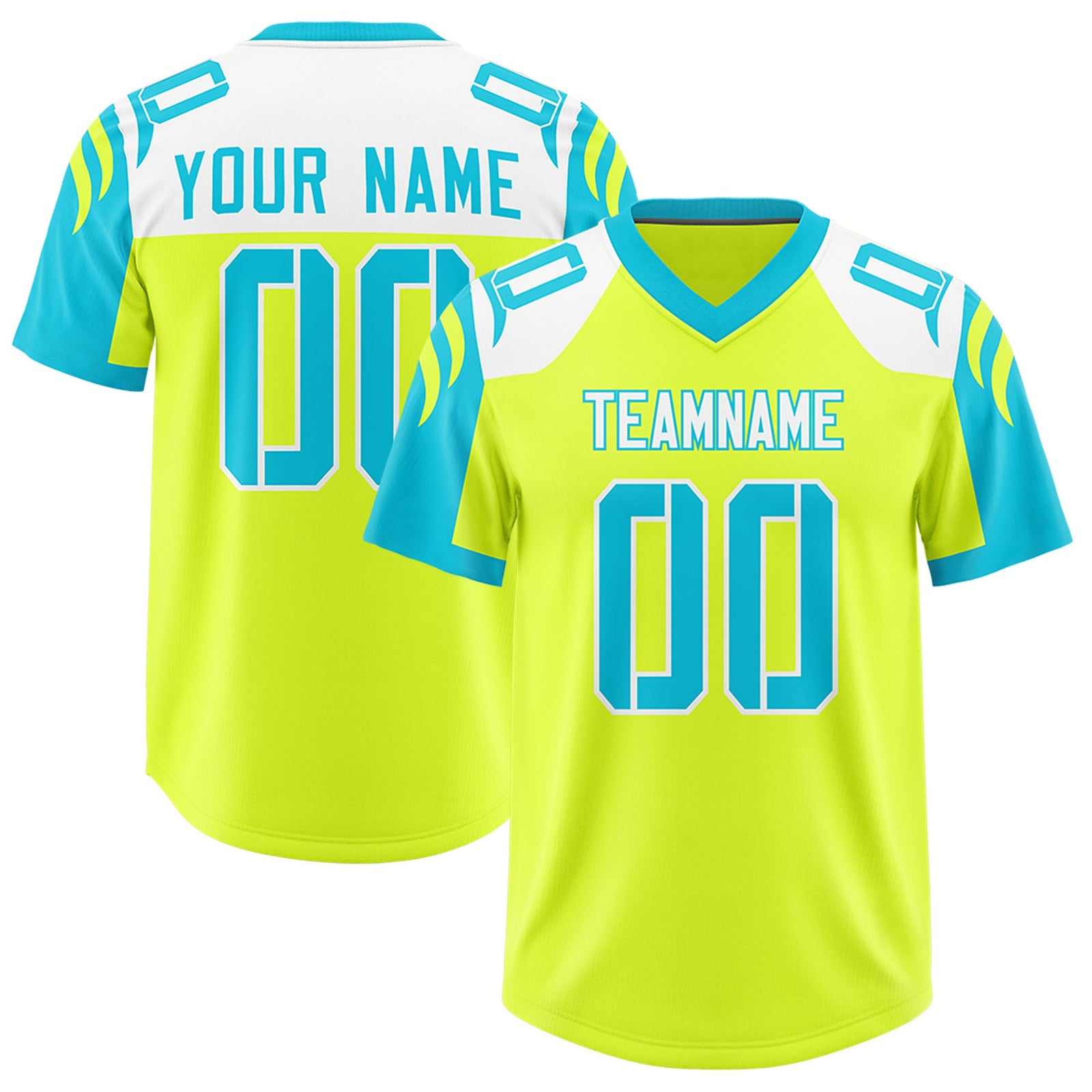 Custom Fluorescent Green Sky Blue Raglan Sleeves Personalized Pattern Authentic Football Jersey