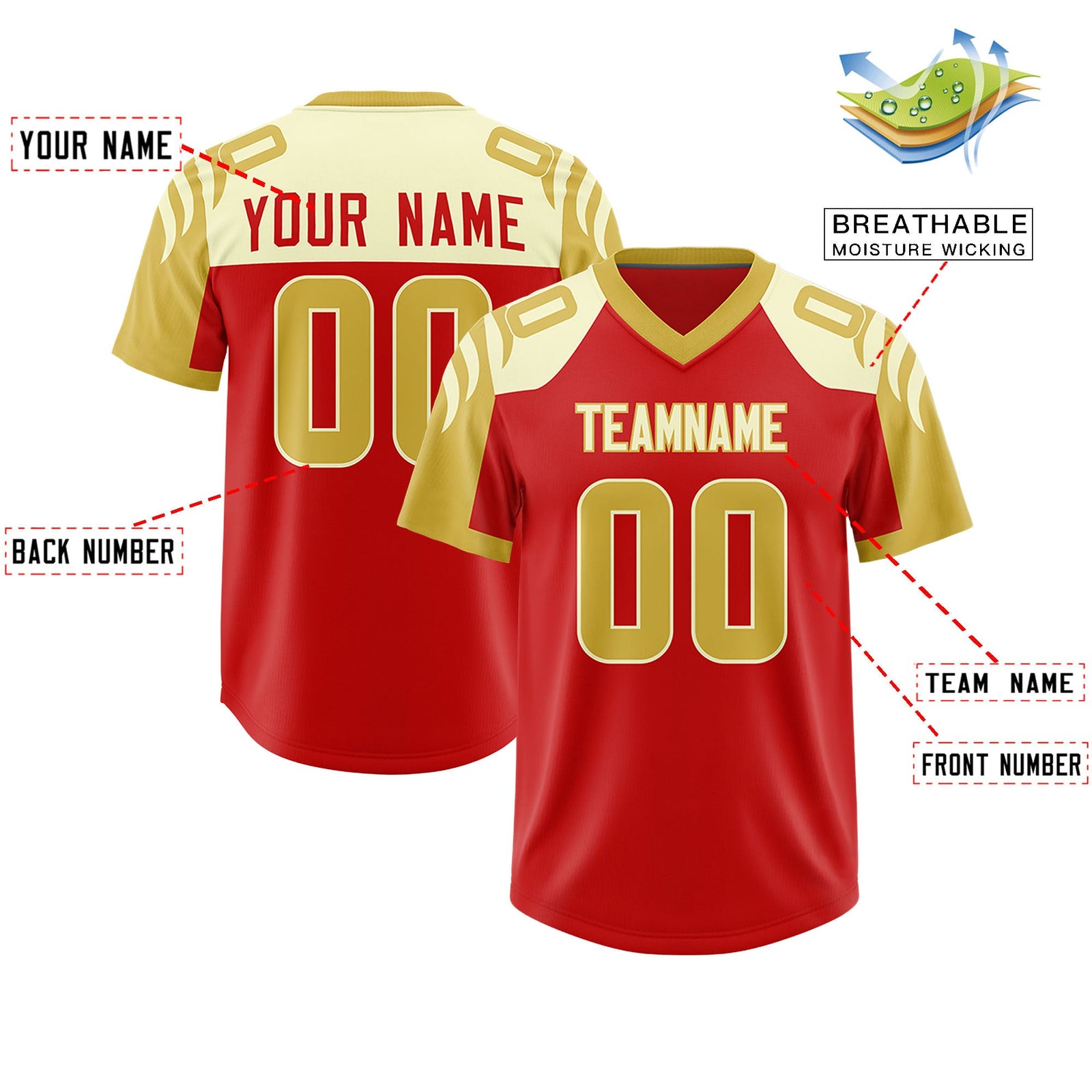 Custom Red Old Gold Raglan Sleeves Personalized Pattern Authentic Football Jersey
