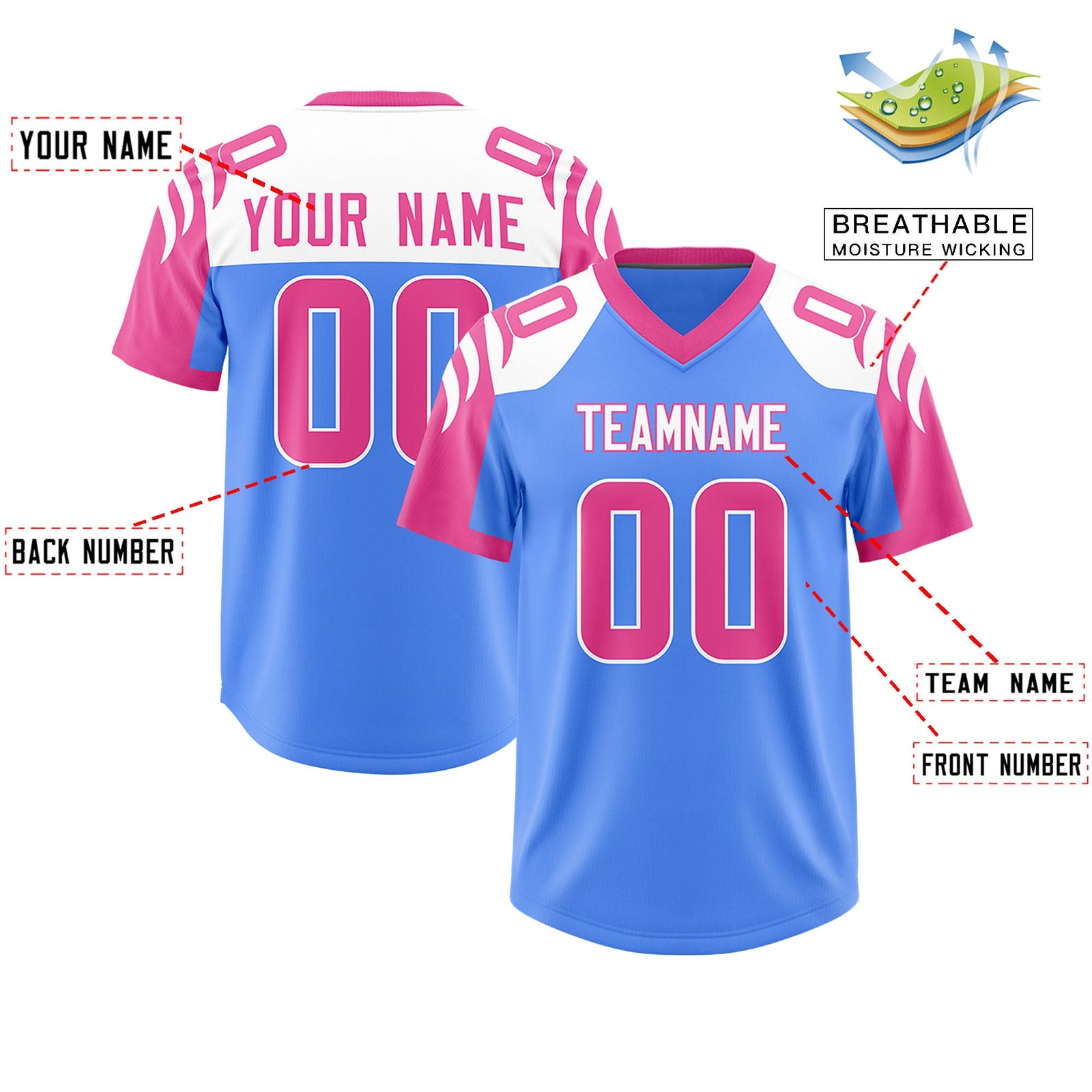 Custom Powder Blue Pink Raglan Sleeves Personalized Pattern Authentic Football Jersey
