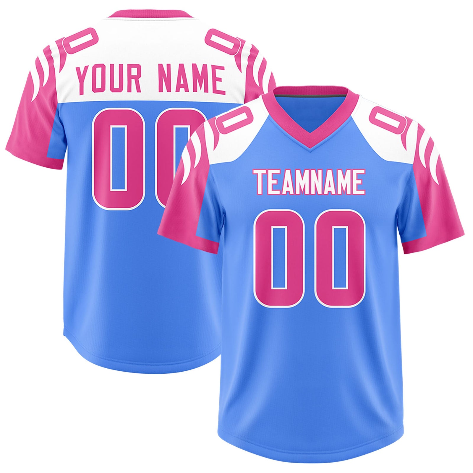 Custom Powder Blue Pink Raglan Sleeves Personalized Pattern Authentic Football Jersey
