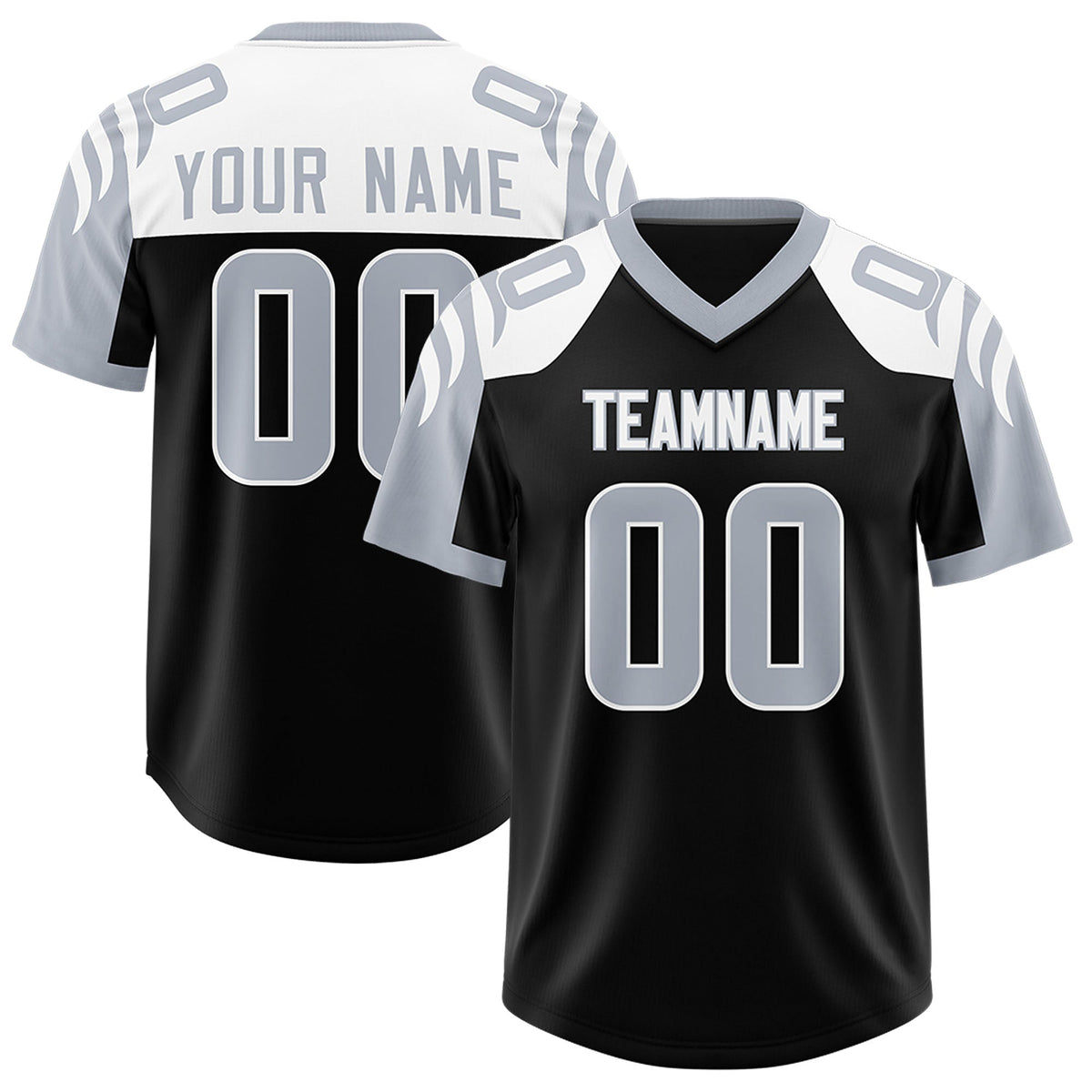 Custom Black Silver Raglan Sleeves Personalized Pattern Authentic Football Jersey
