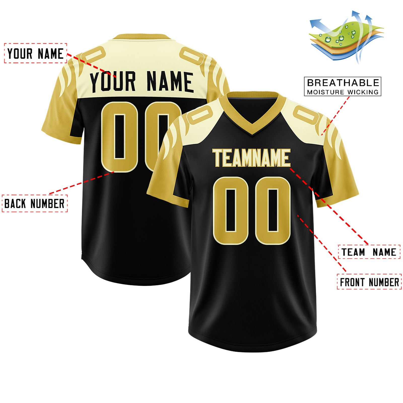 Custom Black Old Gold Raglan Sleeves Personalized Pattern Authentic Football Jersey