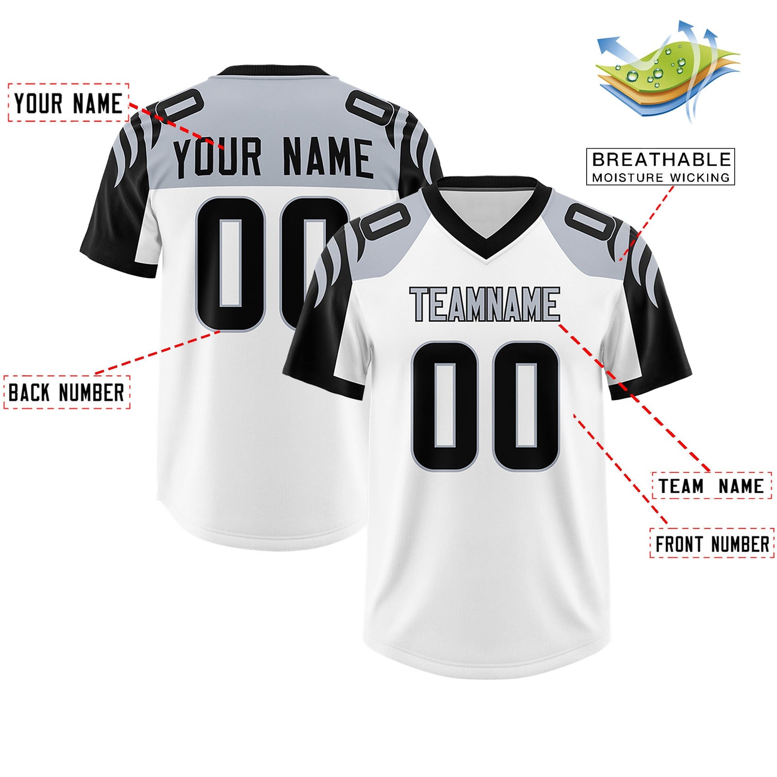 Custom White Black Raglan Sleeves Personalized Pattern Authentic Football Jersey