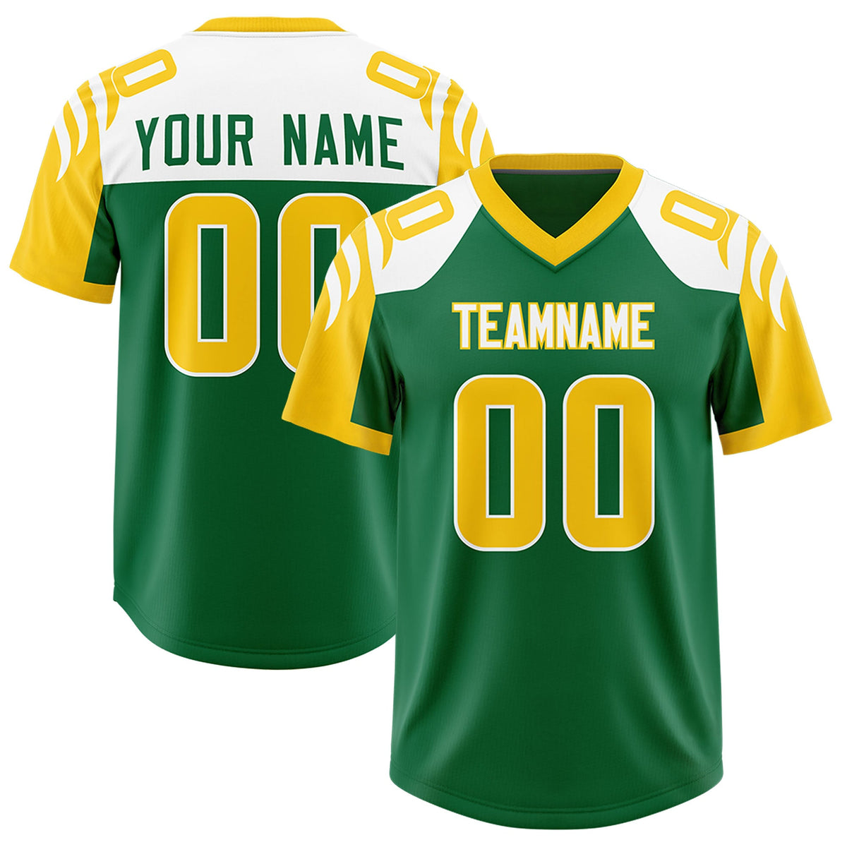 Custom Kelly Green Gold Raglan Sleeves Personalized Pattern Authentic Football Jersey