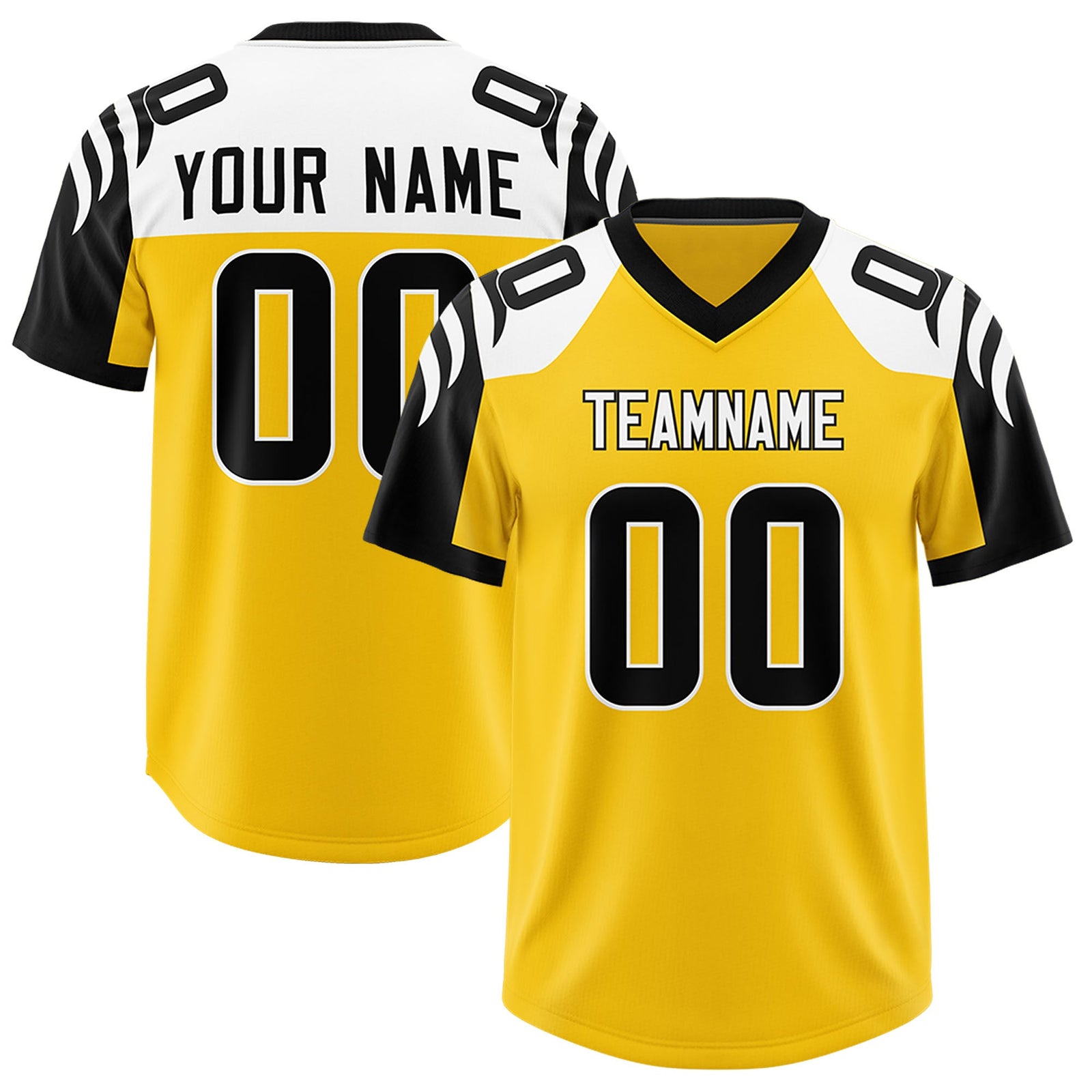 Custom Gold Black Raglan Sleeves Personalized Pattern Authentic Football Jersey
