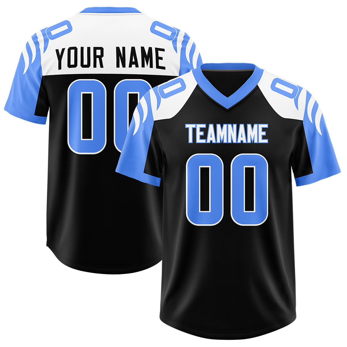 Custom Black Powder Blue Raglan Sleeves Personalized Pattern Authentic Football Jersey