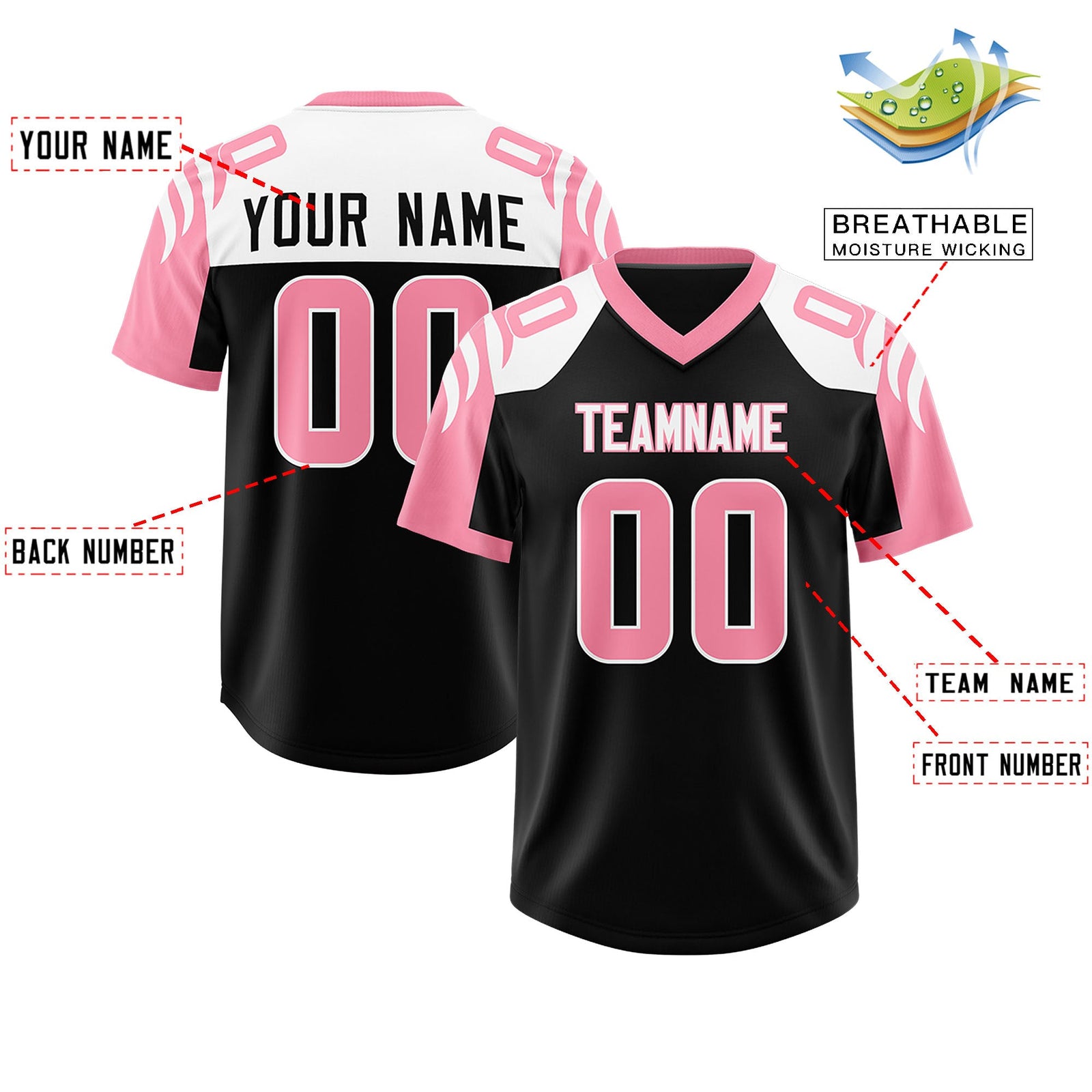 Custom Black Light Pink Raglan Sleeves Personalized Pattern Authentic Football Jersey