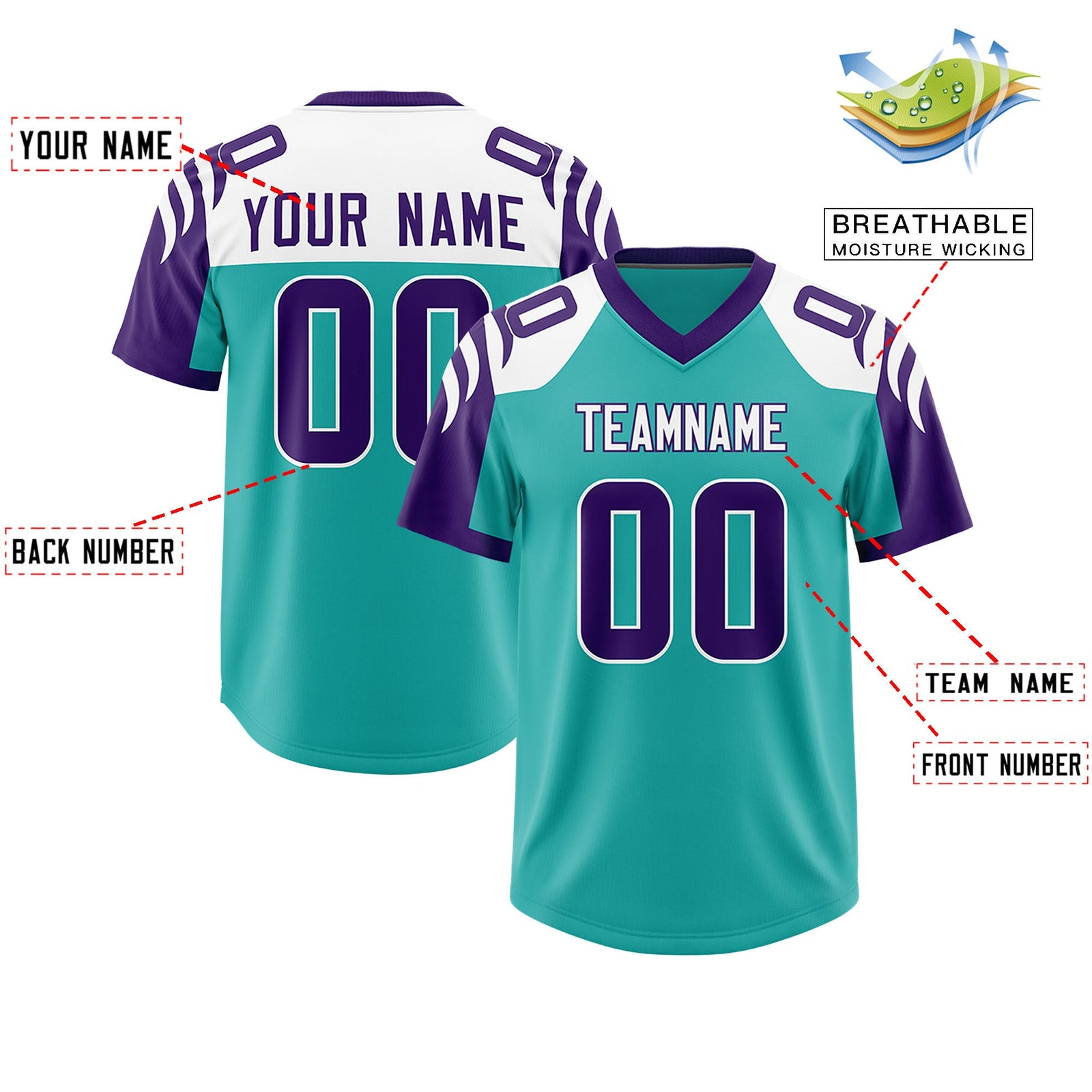 Custom Aqua Purple Raglan Sleeves Personalized Pattern Authentic Football Jersey