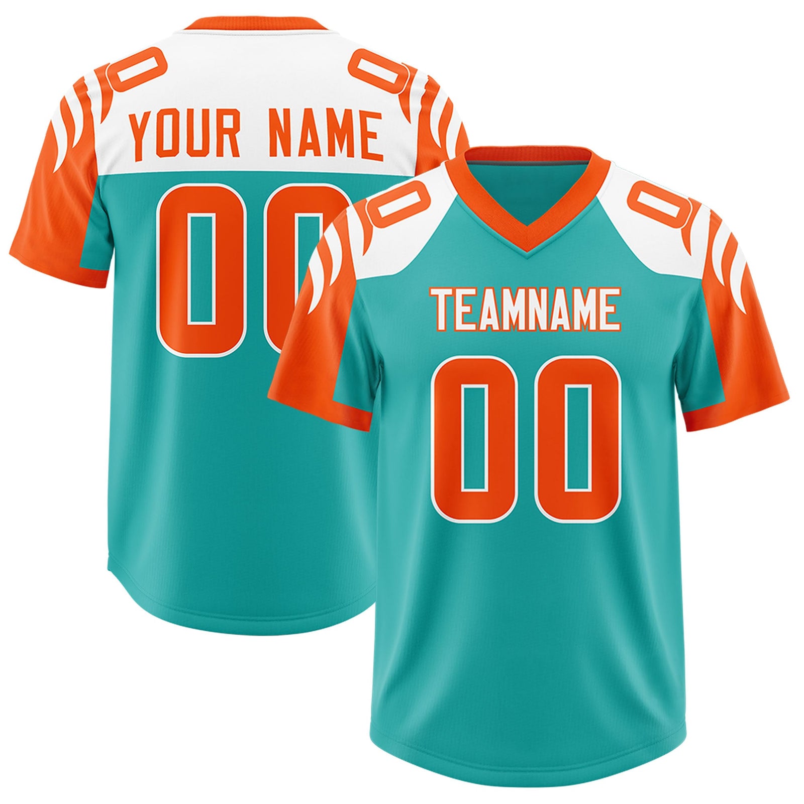 Custom Aqua Orange Raglan Sleeves Personalized Pattern Authentic Football Jersey