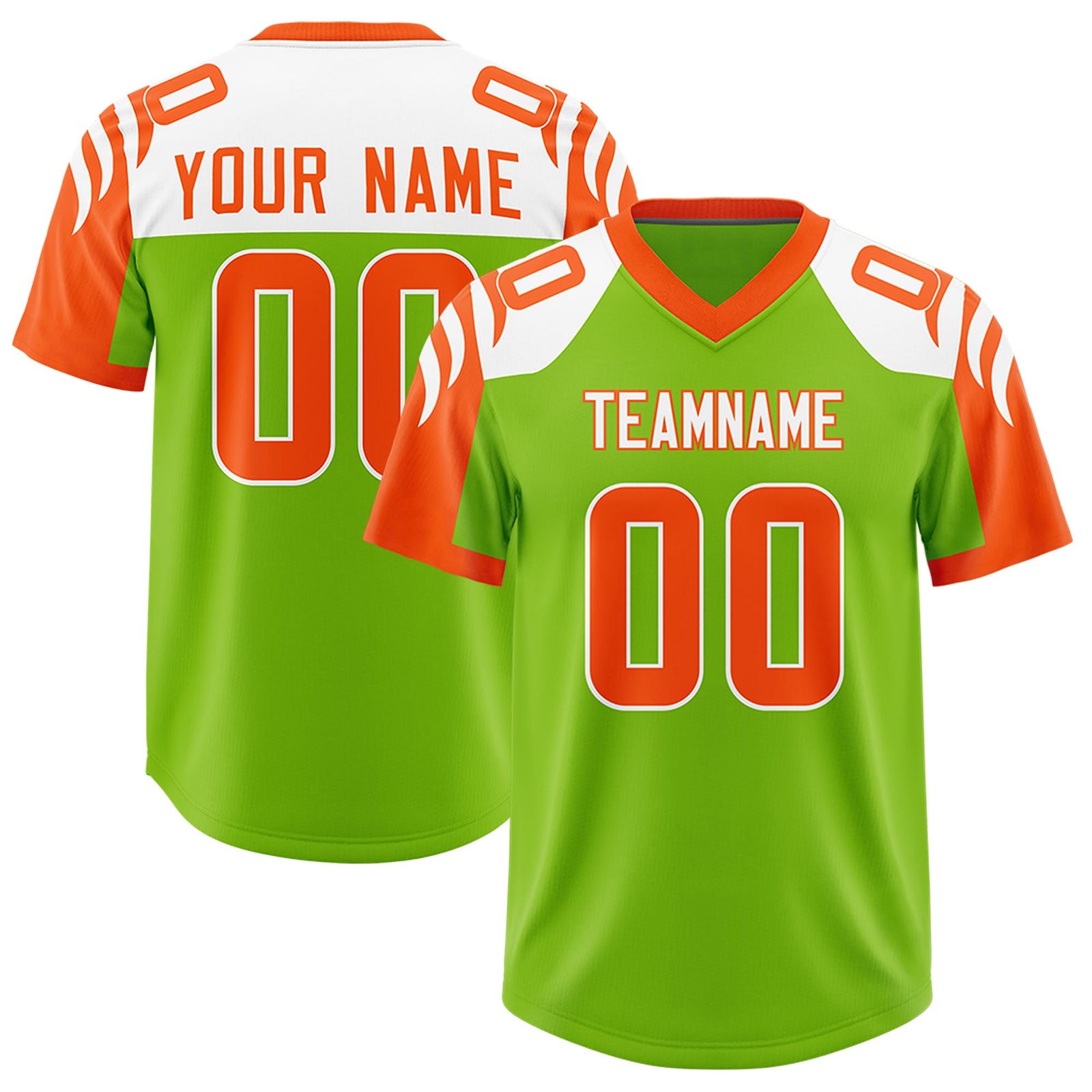 Custom Neon Green Orange Raglan Sleeves Personalized Pattern Authentic Football Jersey