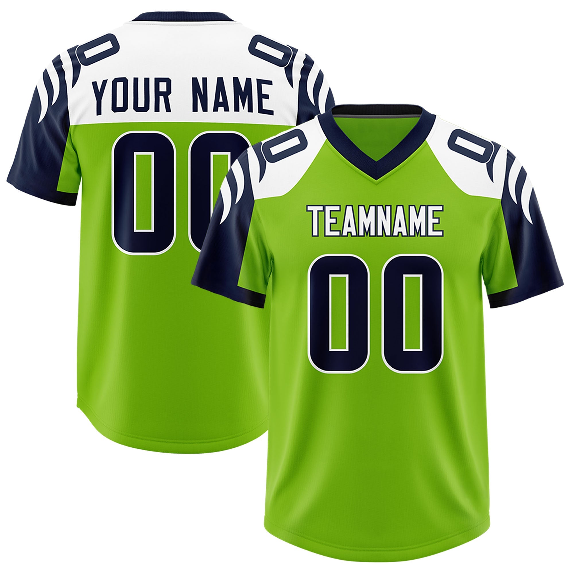 Custom Neon Green Navy Raglan Sleeves Personalized Pattern Authentic Football Jersey