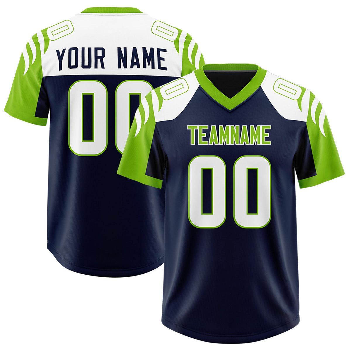 Custom Navy Neon Green Raglan Sleeves Personalized Pattern Authentic Football Jersey