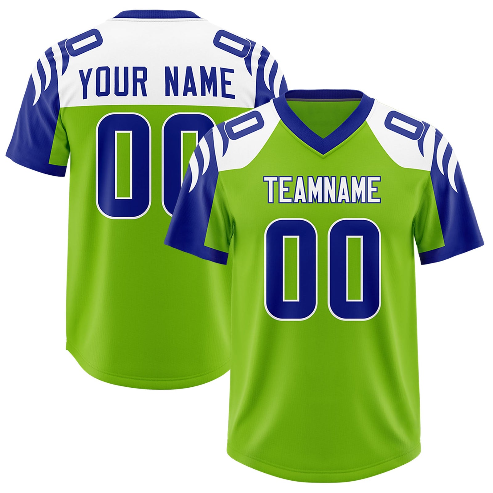 Custom Neon Green Royal Raglan Sleeves Personalized Pattern Authentic Football Jersey