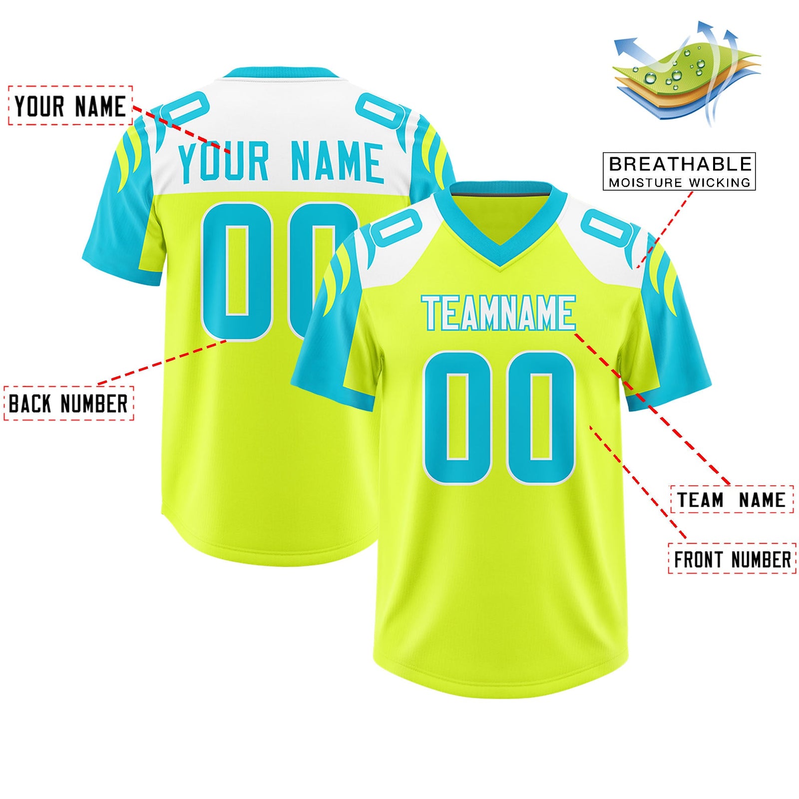 Custom Fluorescent Green Sky Blue Raglan Sleeves Personalized Pattern Authentic Football Jersey