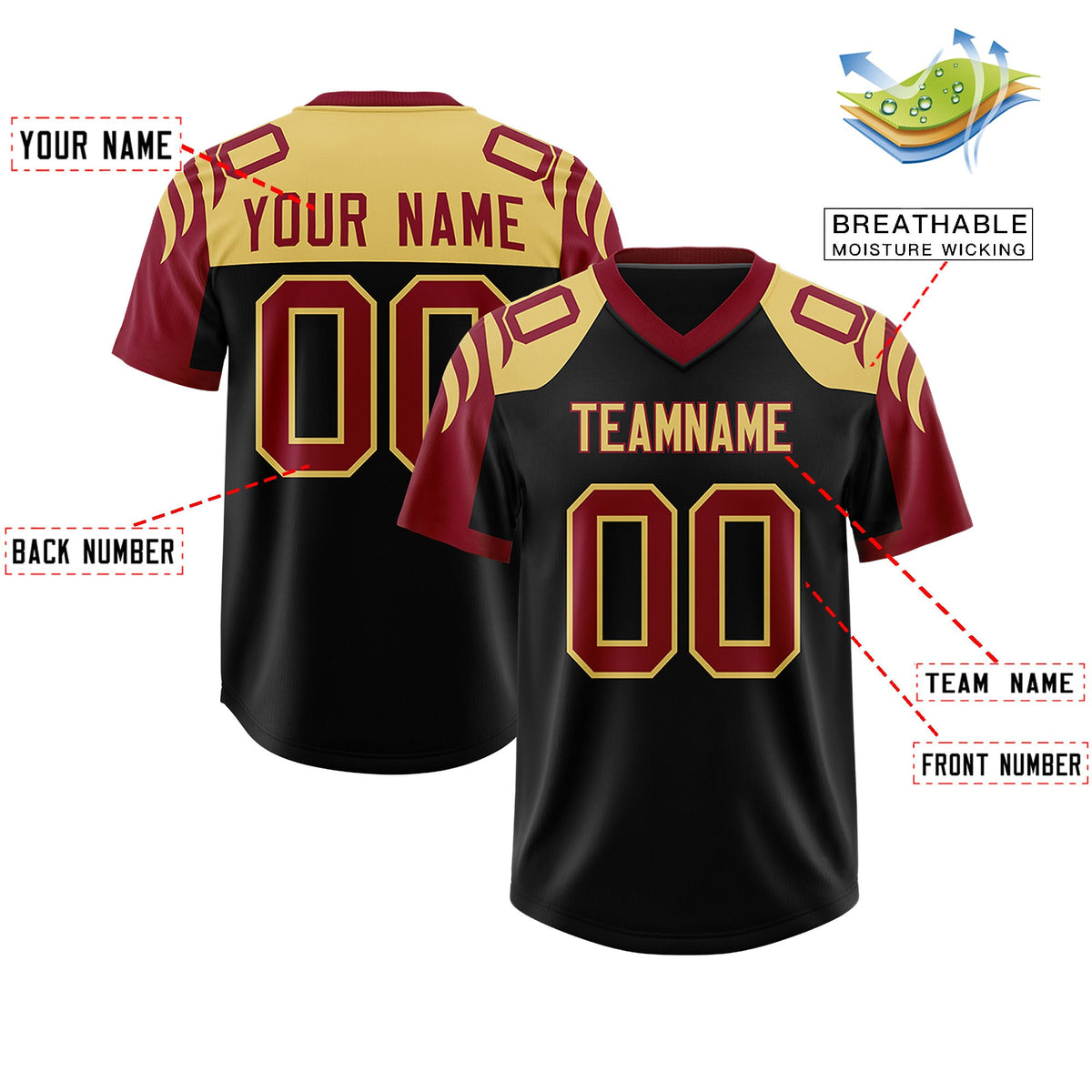 Custom Black Crimson Raglan Sleeves Personalized Pattern Authentic Football Jersey