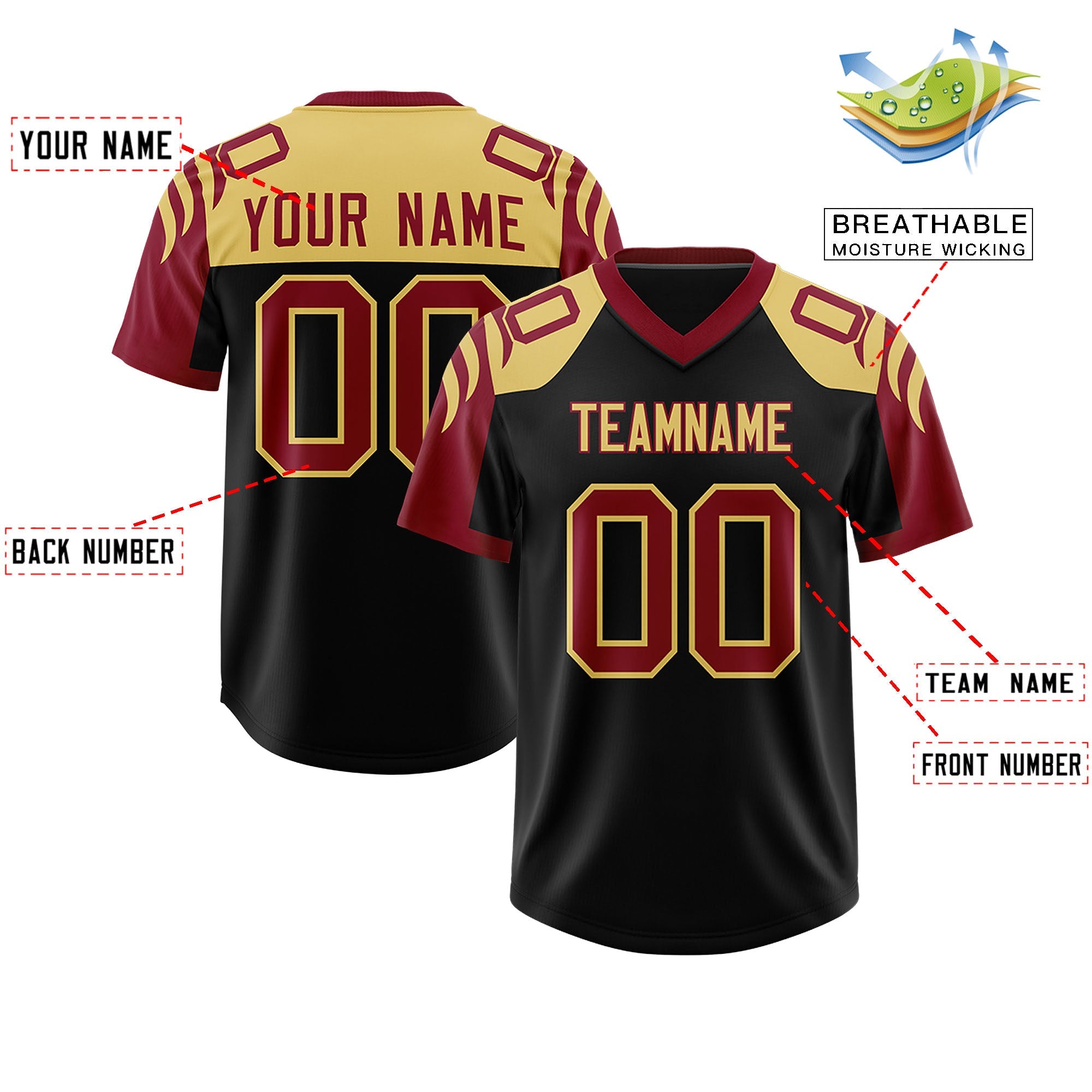 Custom Black Crimson Raglan Sleeves Personalized Pattern Authentic Football Jersey