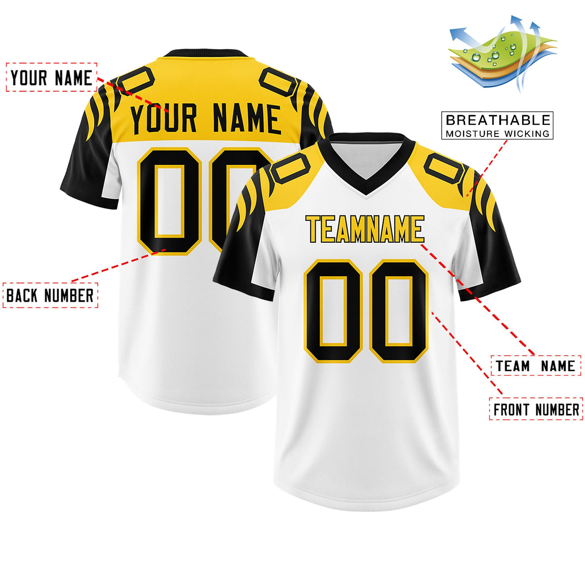 Custom White Black Raglan Sleeves Personalized Pattern Authentic Football Jersey
