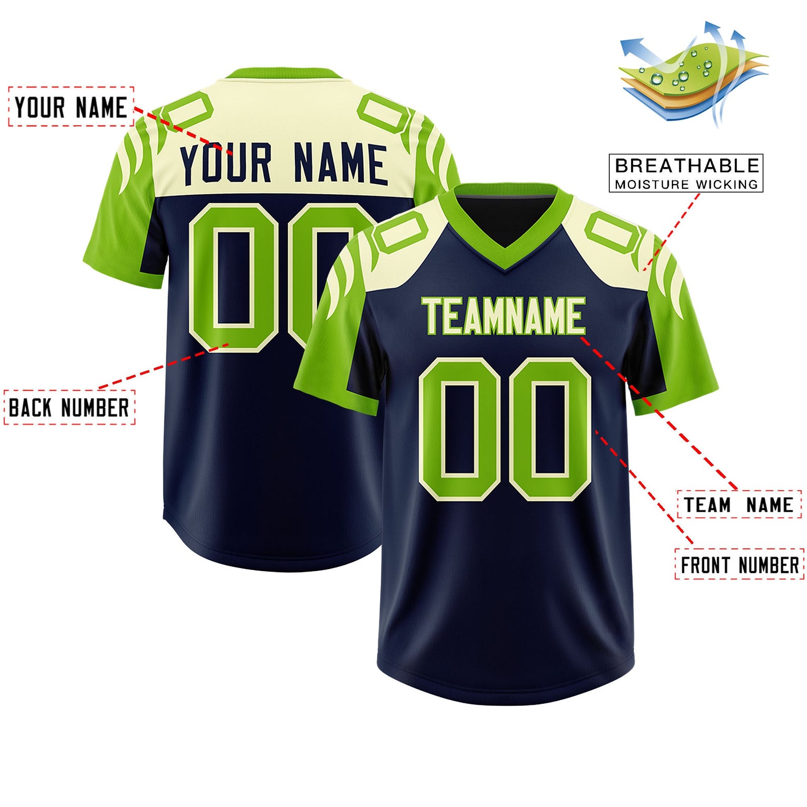 Custom Navy Neon Green Raglan Sleeves Personalized Pattern Authentic Football Jersey
