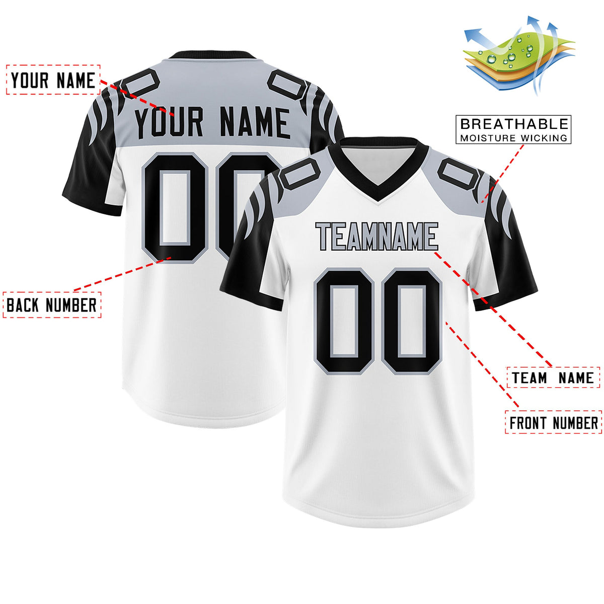 Custom White Black Raglan Sleeves Personalized Pattern Authentic Football Jersey