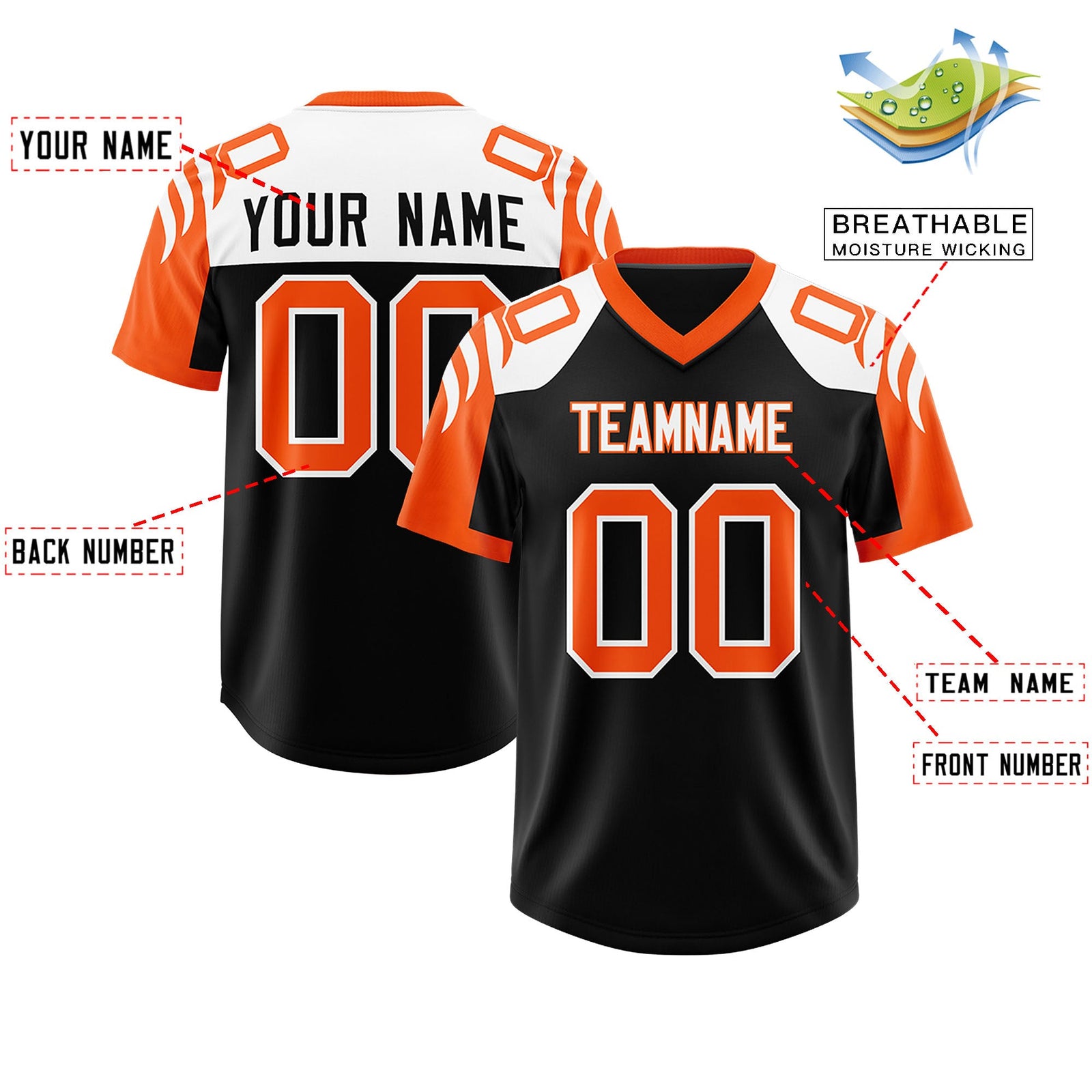 Custom Black Orange Raglan Sleeves Personalized Pattern Authentic Football Jersey