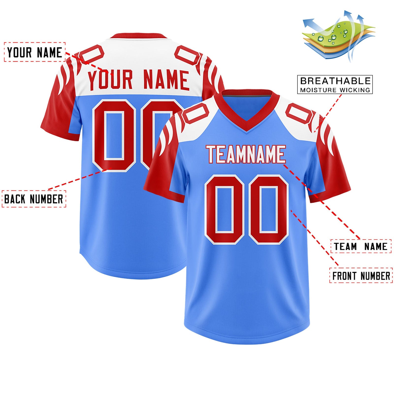 Custom Powder Blue Red Raglan Sleeves Personalized Pattern Authentic Football Jersey