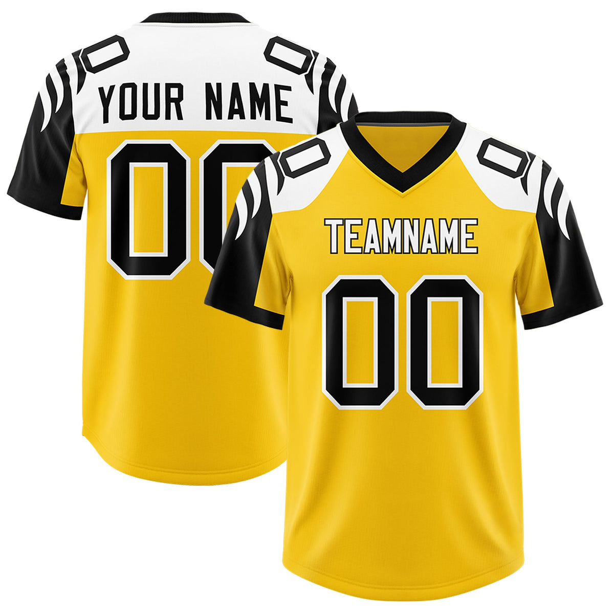 Custom Gold Black Raglan Sleeves Personalized Pattern Authentic Football Jersey