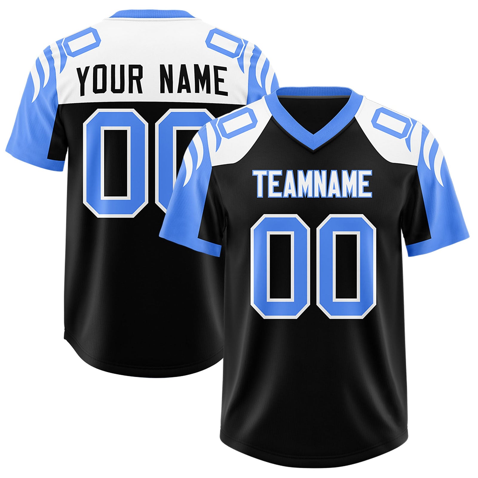 Custom Black Powder Blue Raglan Sleeves Personalized Pattern Authentic Football Jersey