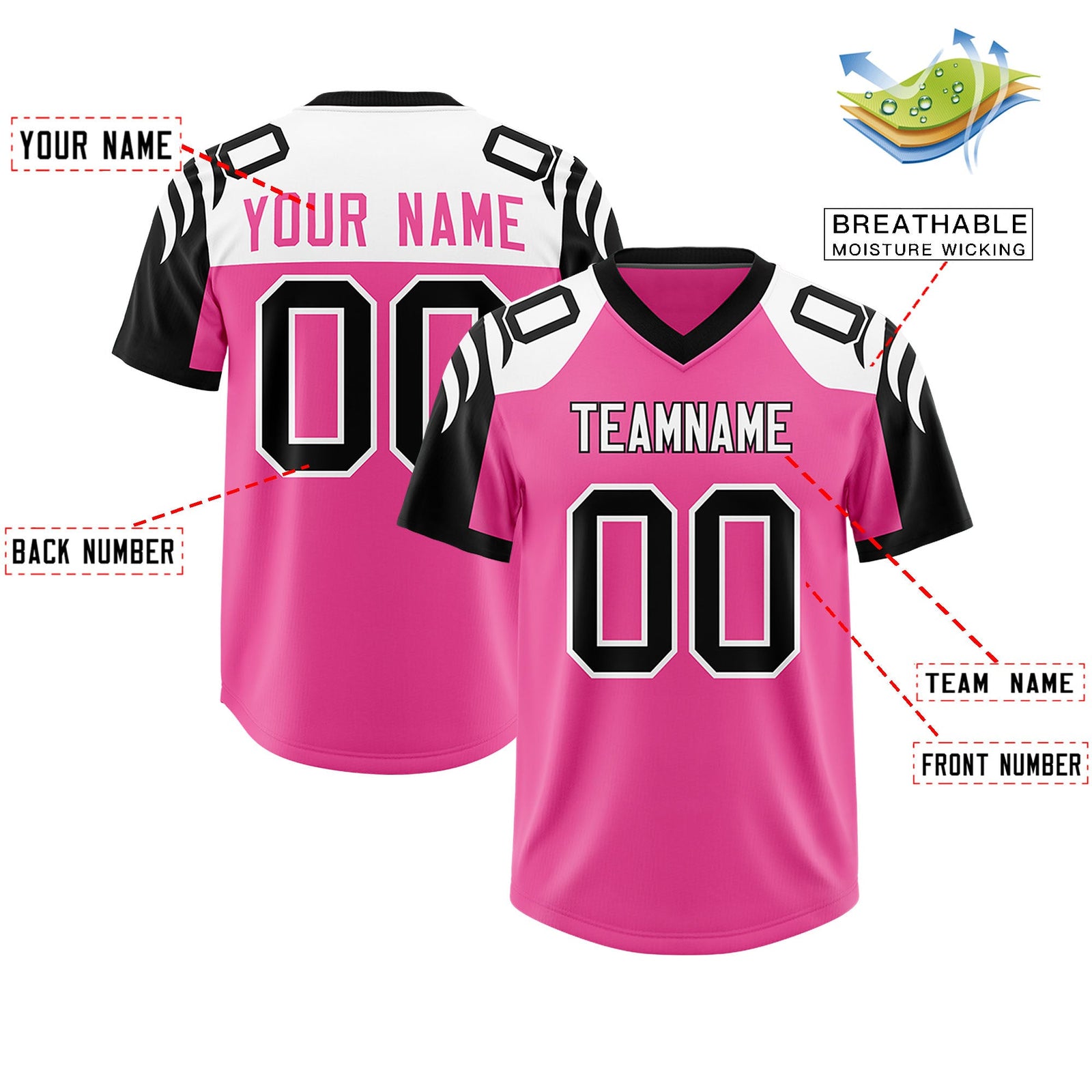 Custom Pink Black Raglan Sleeves Personalized Pattern Authentic Football Jersey