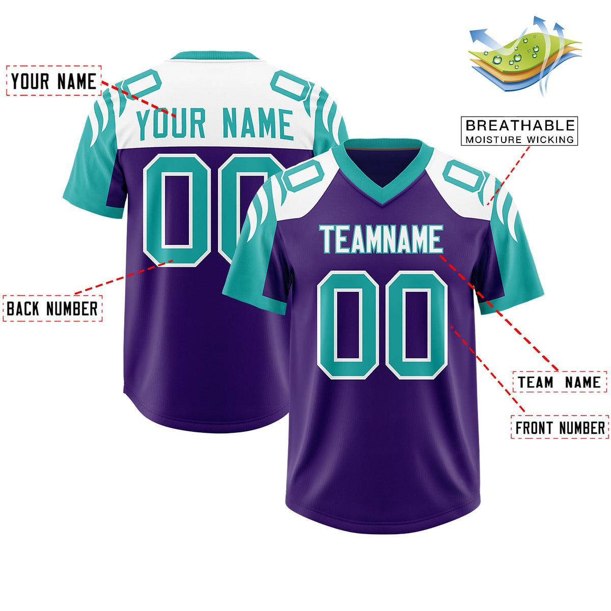 Custom Purple Aqua Raglan Sleeves Personalized Pattern Authentic Football Jersey