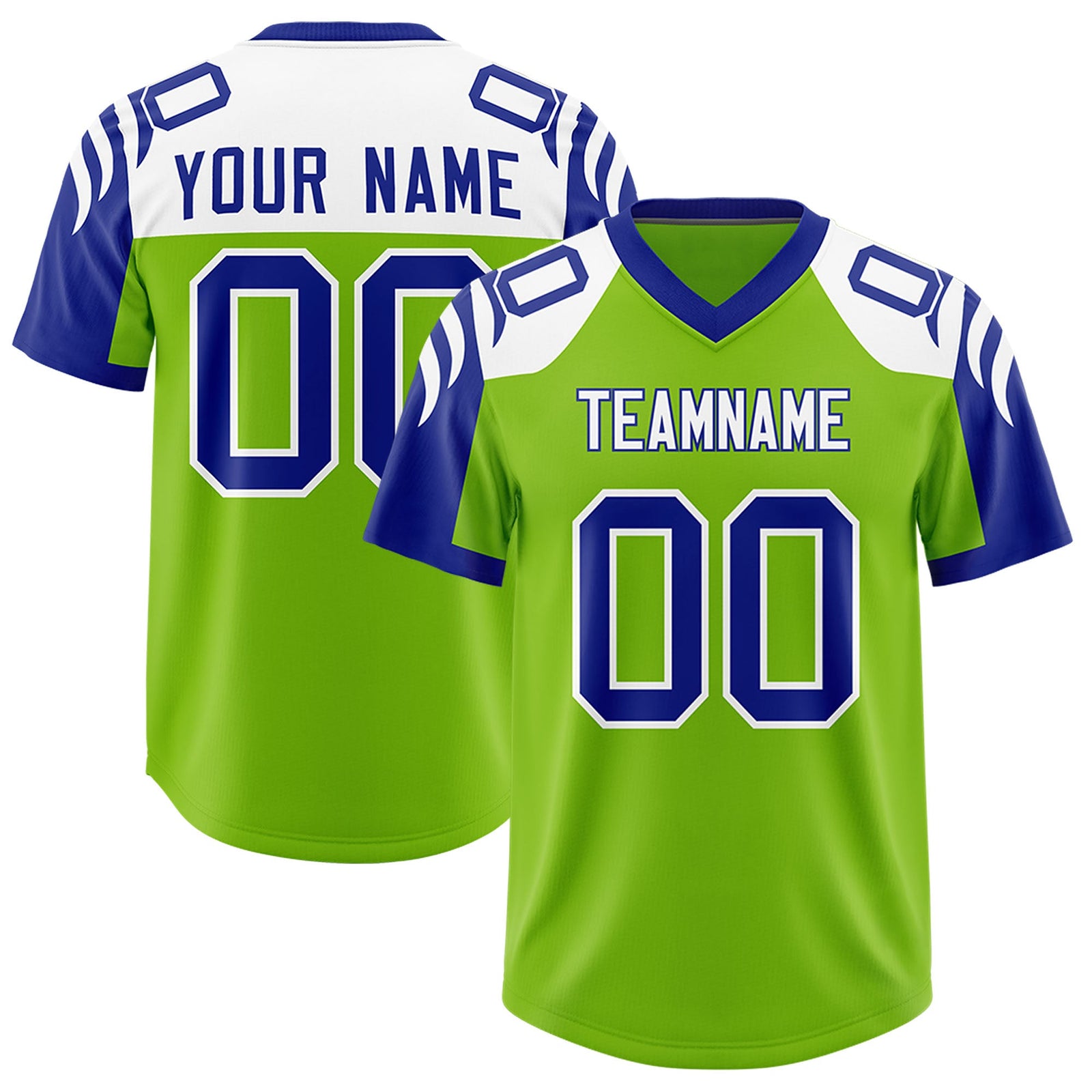 Custom Neon Green Royal Raglan Sleeves Personalized Pattern Authentic Football Jersey