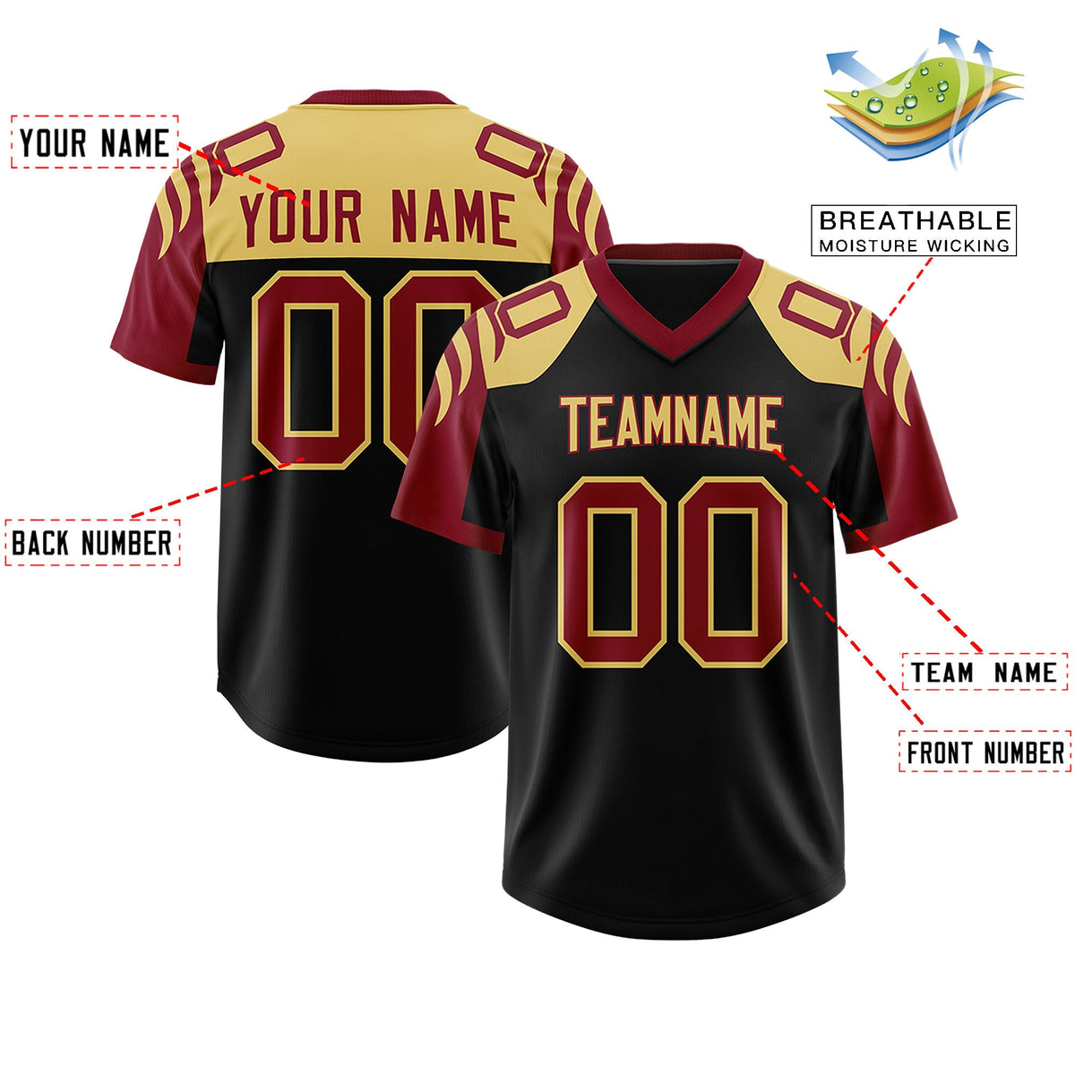 Custom Black Crimson Raglan Sleeves Personalized Pattern Authentic Football Jersey