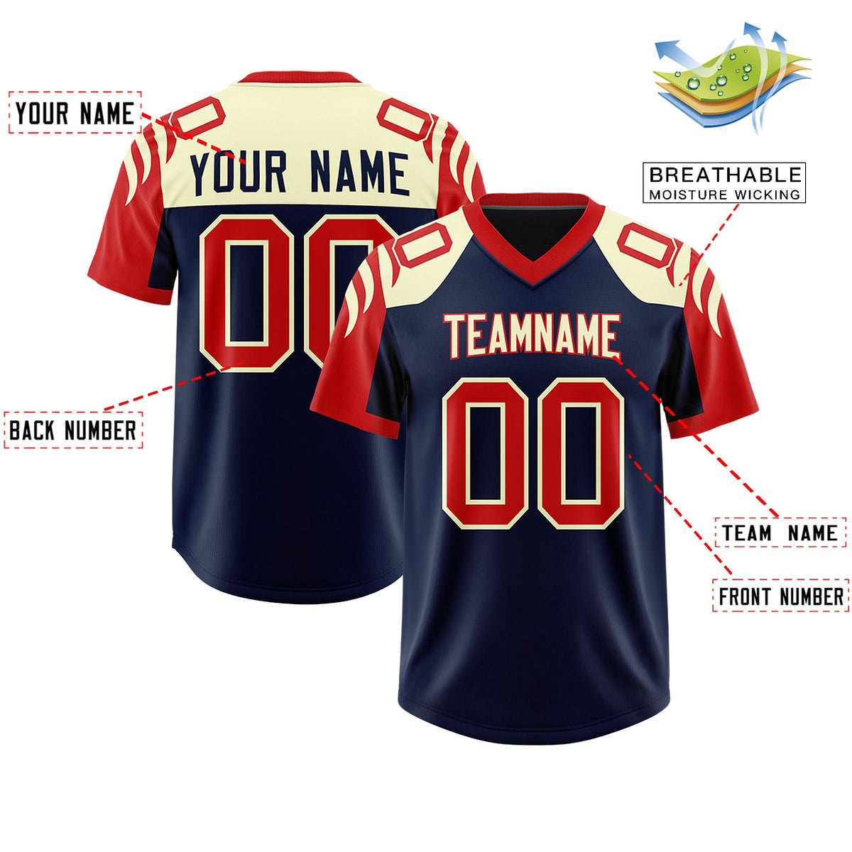 Custom Navy Red Raglan Sleeves Personalized Pattern Authentic Football Jersey