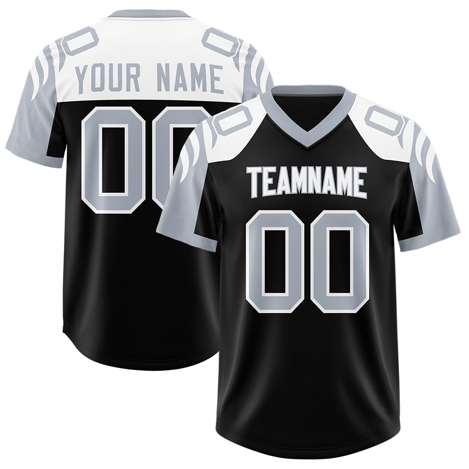 Custom Black Silver Raglan Sleeves Personalized Pattern Authentic Football Jersey