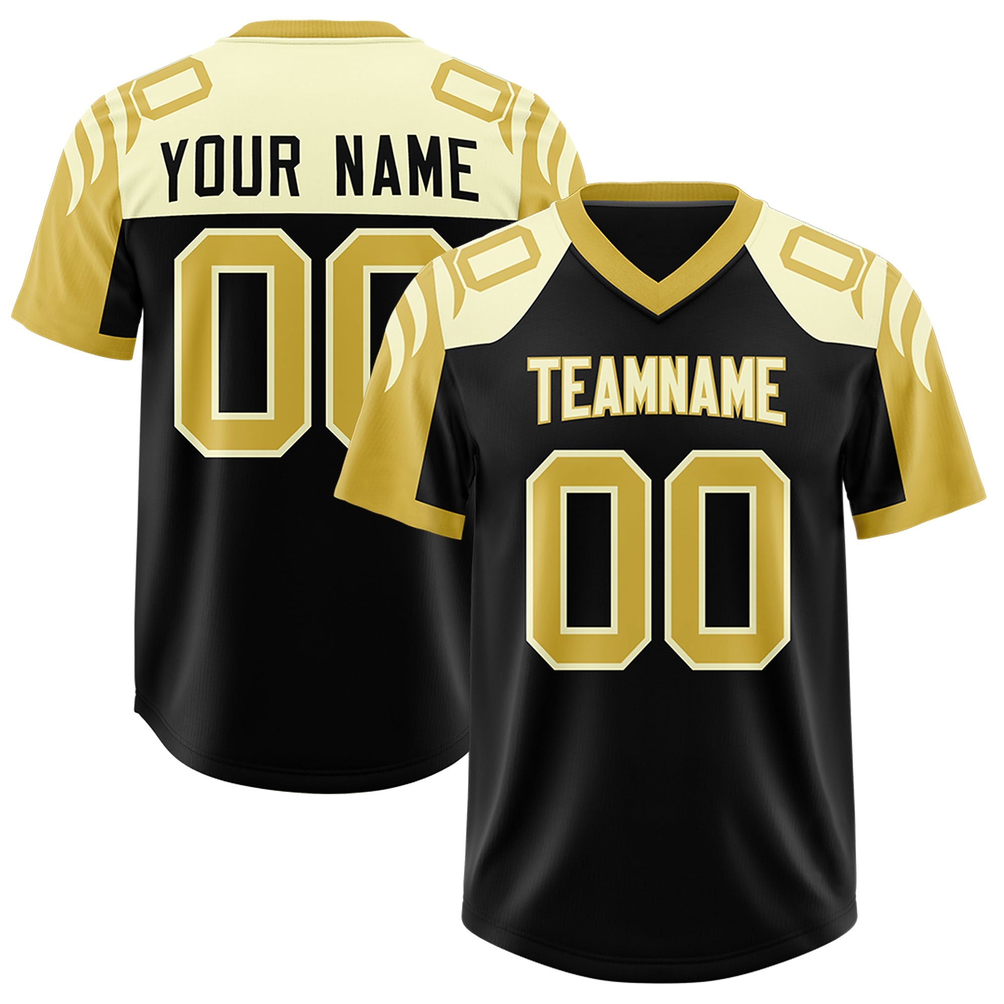 Custom Black Old Gold Raglan Sleeves Personalized Pattern Authentic Football Jersey