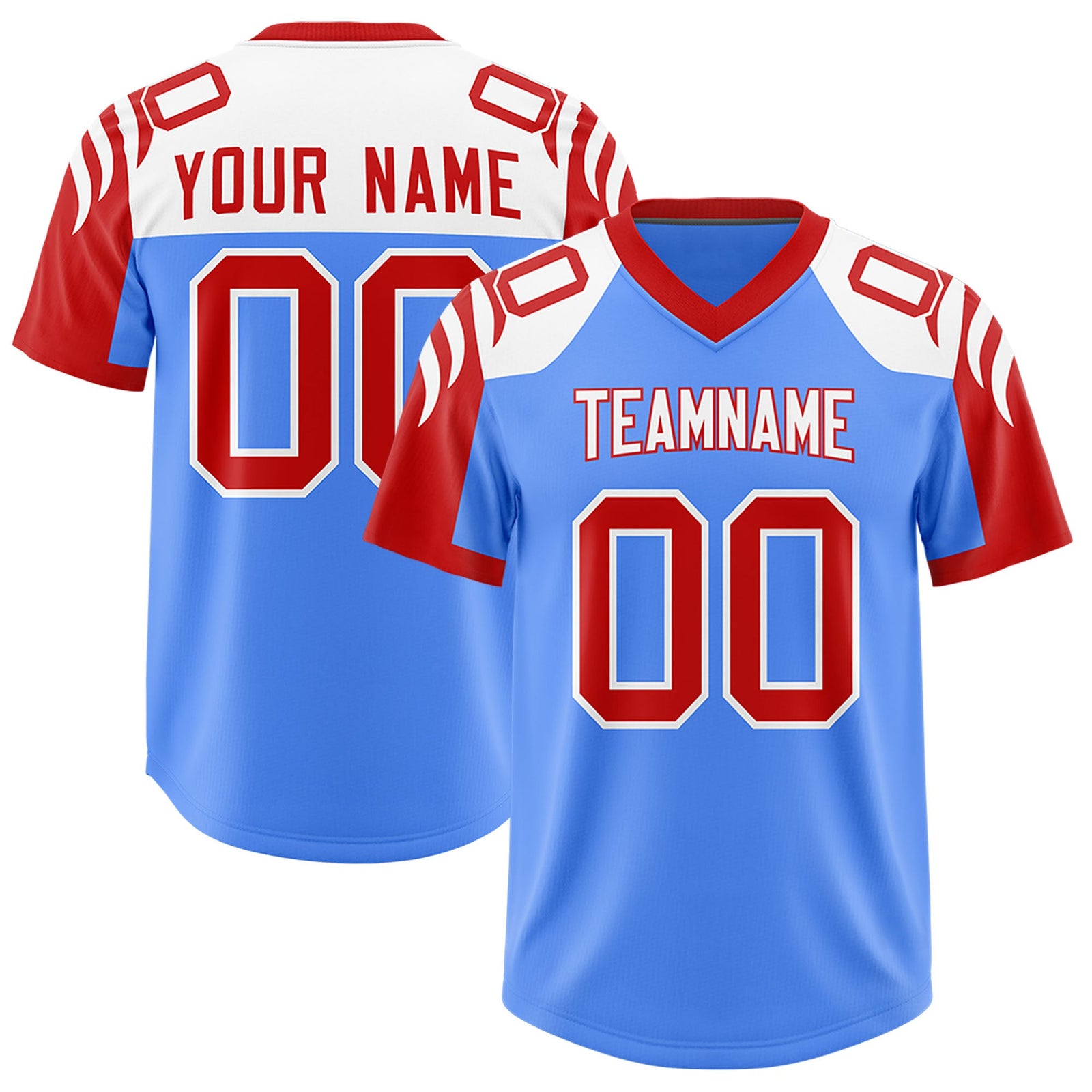 Custom Powder Blue Red Raglan Sleeves Personalized Pattern Authentic Football Jersey