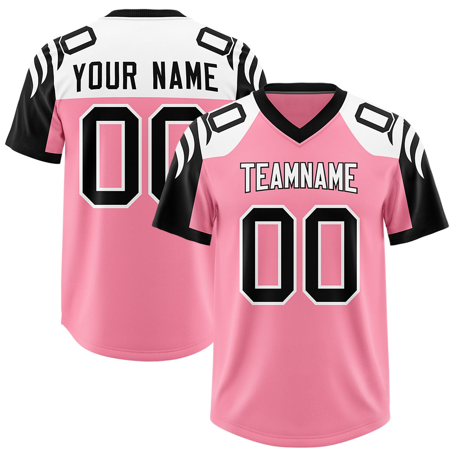 Custom Light Pink Black Raglan Sleeves Personalized Pattern Authentic Football Jersey