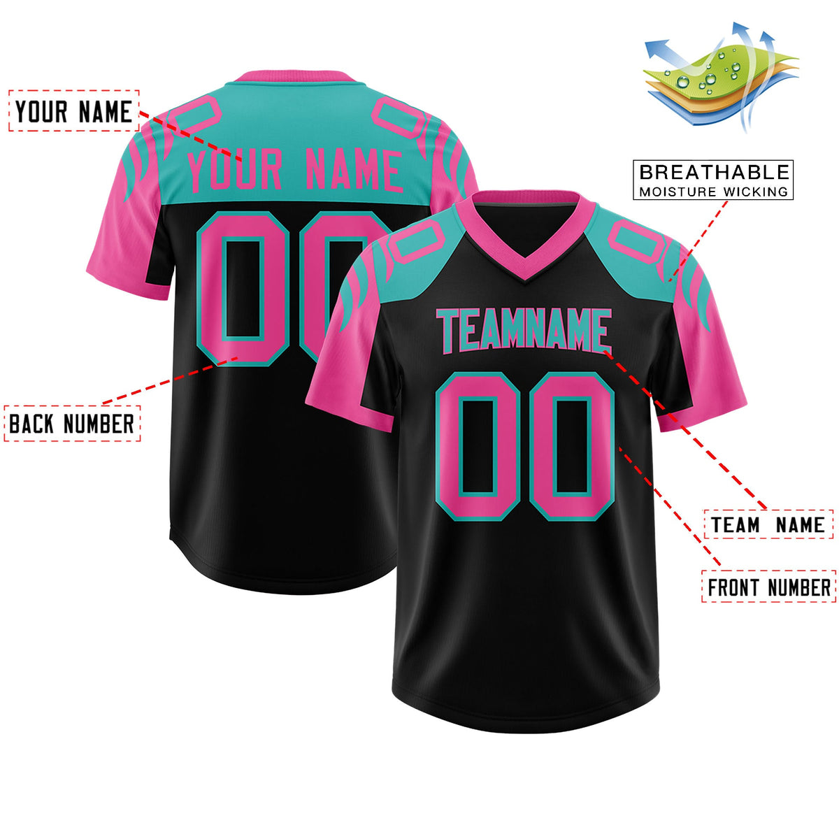 Custom Black Pink Raglan Sleeves Personalized Pattern Authentic Football Jersey