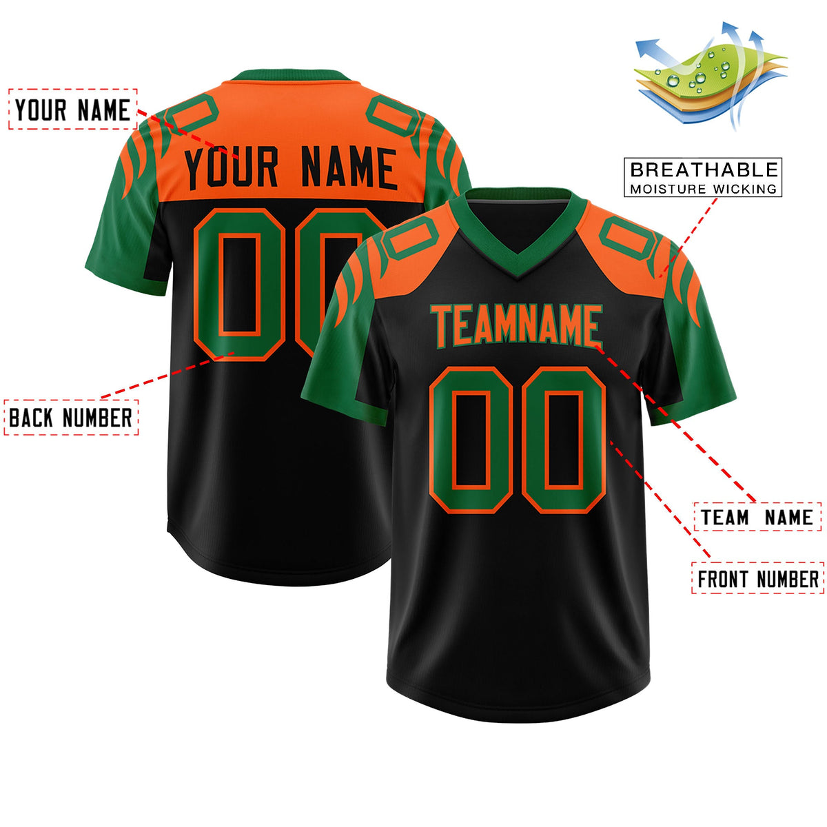 Custom Black Kelly Green Raglan Sleeves Personalized Pattern Authentic Football Jersey