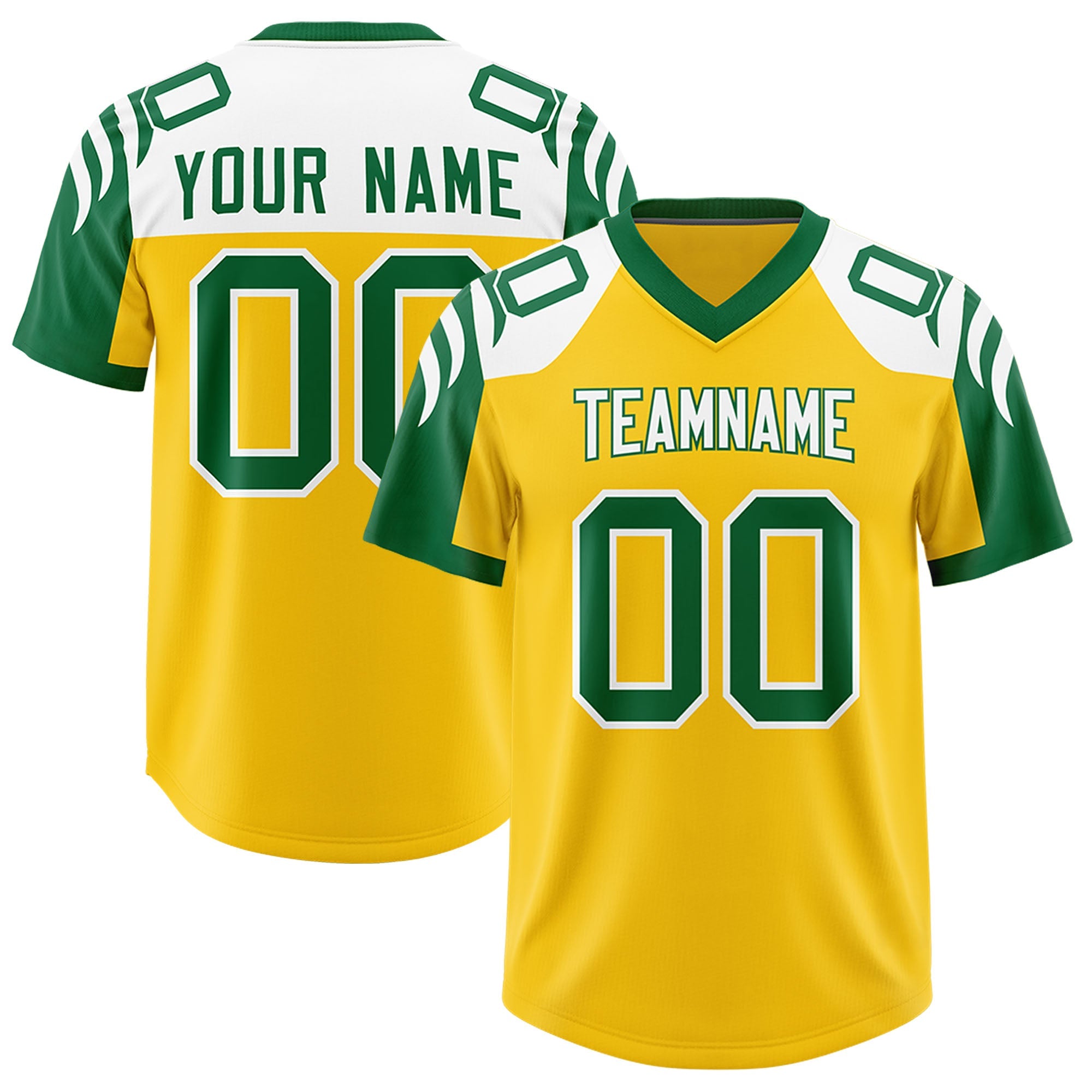 Custom Gold Kelly Green Raglan Sleeves Personalized Pattern Authentic Football Jersey