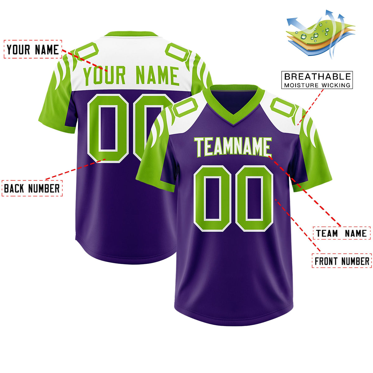 Custom Purple Neon Green Raglan Sleeves Personalized Pattern Authentic Football Jersey