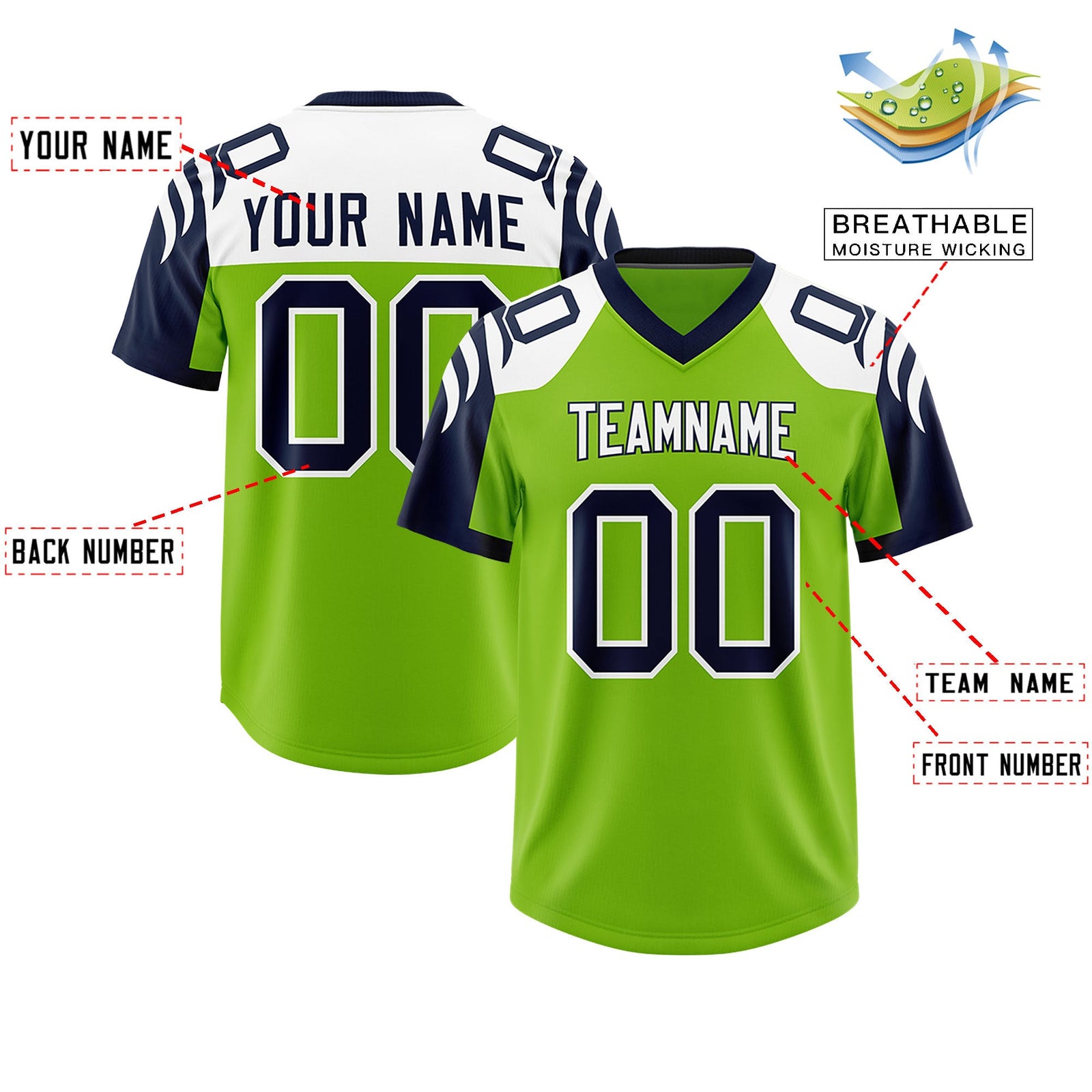 Custom Neon Green Navy Raglan Sleeves Personalized Pattern Authentic Football Jersey