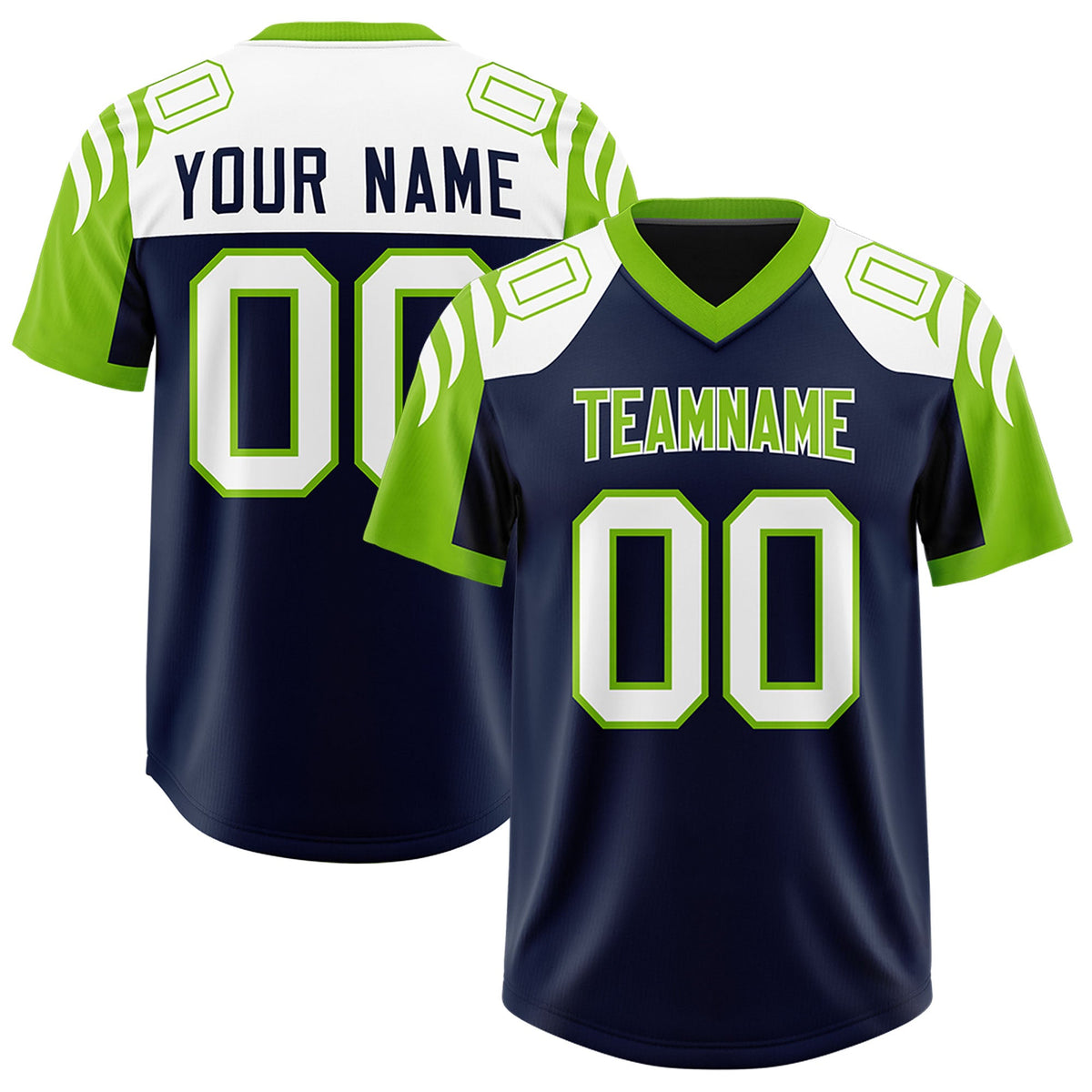 Custom Navy Neon Green Raglan Sleeves Personalized Pattern Authentic Football Jersey
