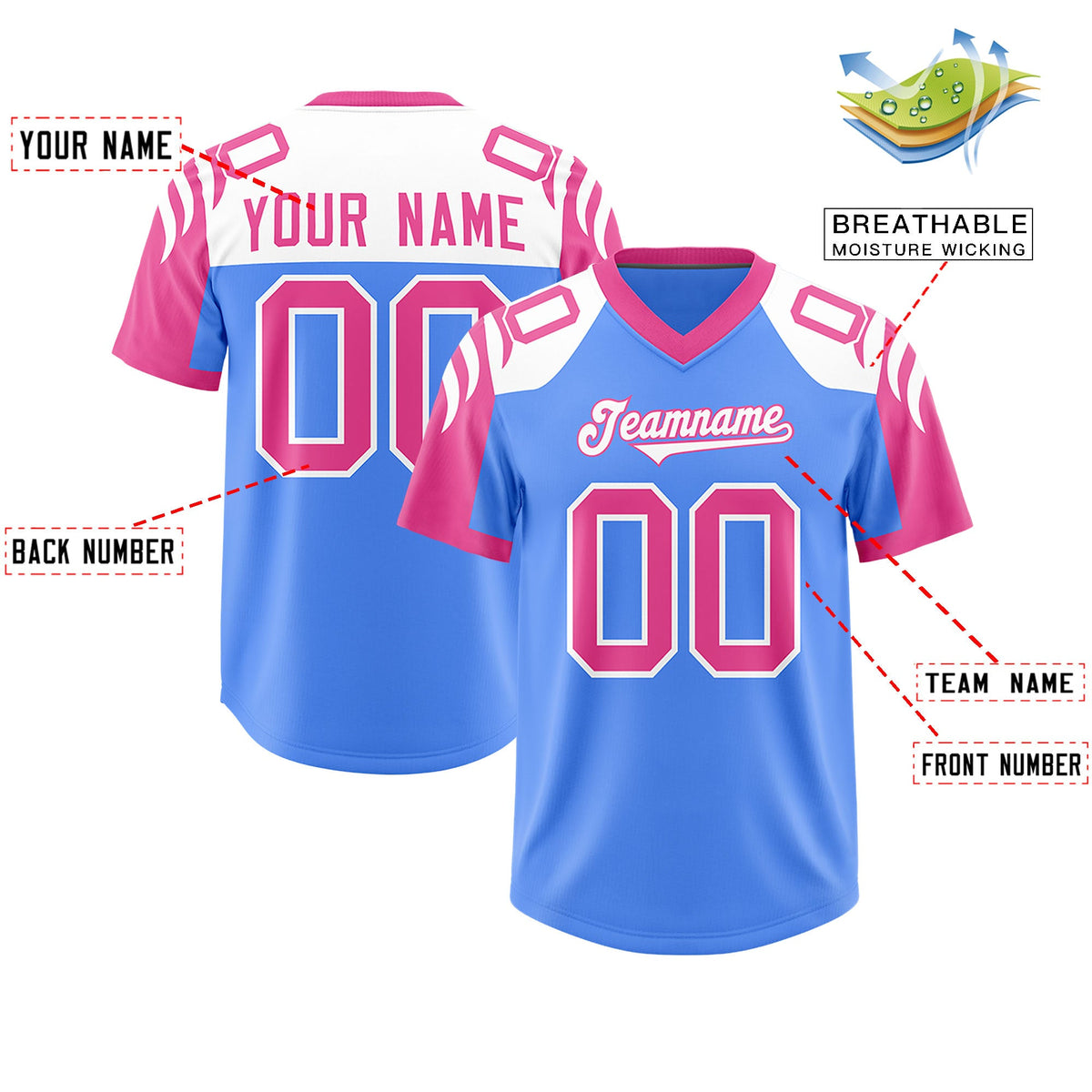Custom Powder Blue Pink Raglan Sleeves Personalized Pattern Authentic Football Jersey